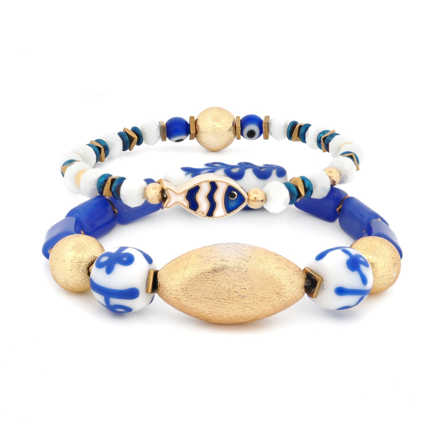 Greece Vibes Blue & White Ceramic Bracelet Set with hand-painted ceramic beads, white crystal, gold hematite, and 18k gold-plated fish charm