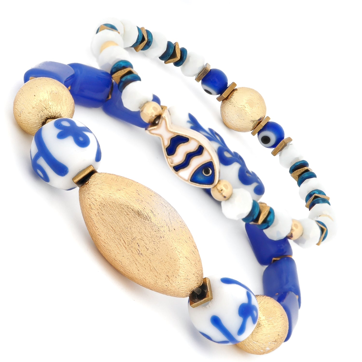 Two blue and white ceramic bracelets with gold sphere beads, crystal beads, and enamel fish pendant — vacation jewelry set