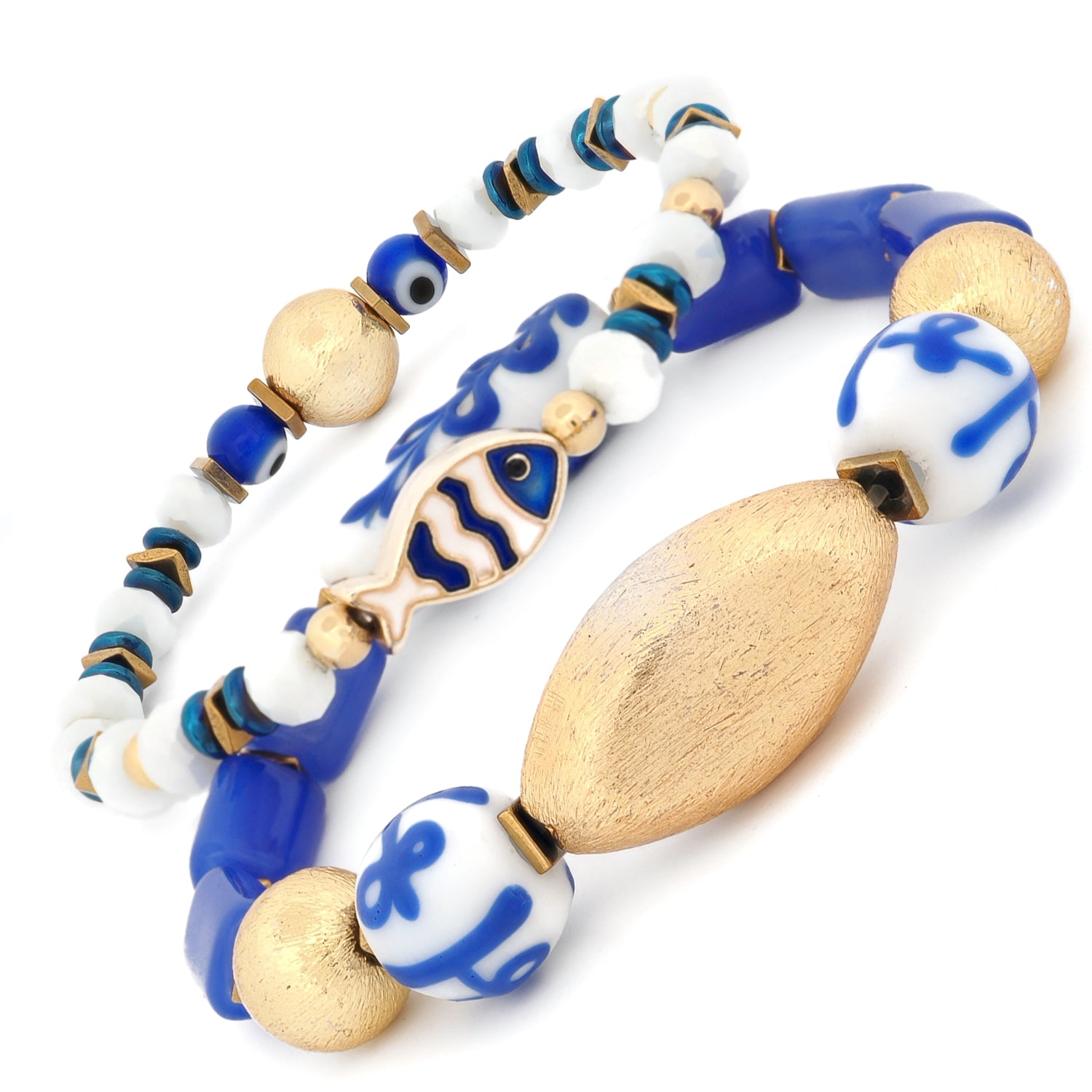 Greece Vibes Ceramic Bracelet Set showing both bracelets stacked together with blue ceramic, white crystal, and gold accents