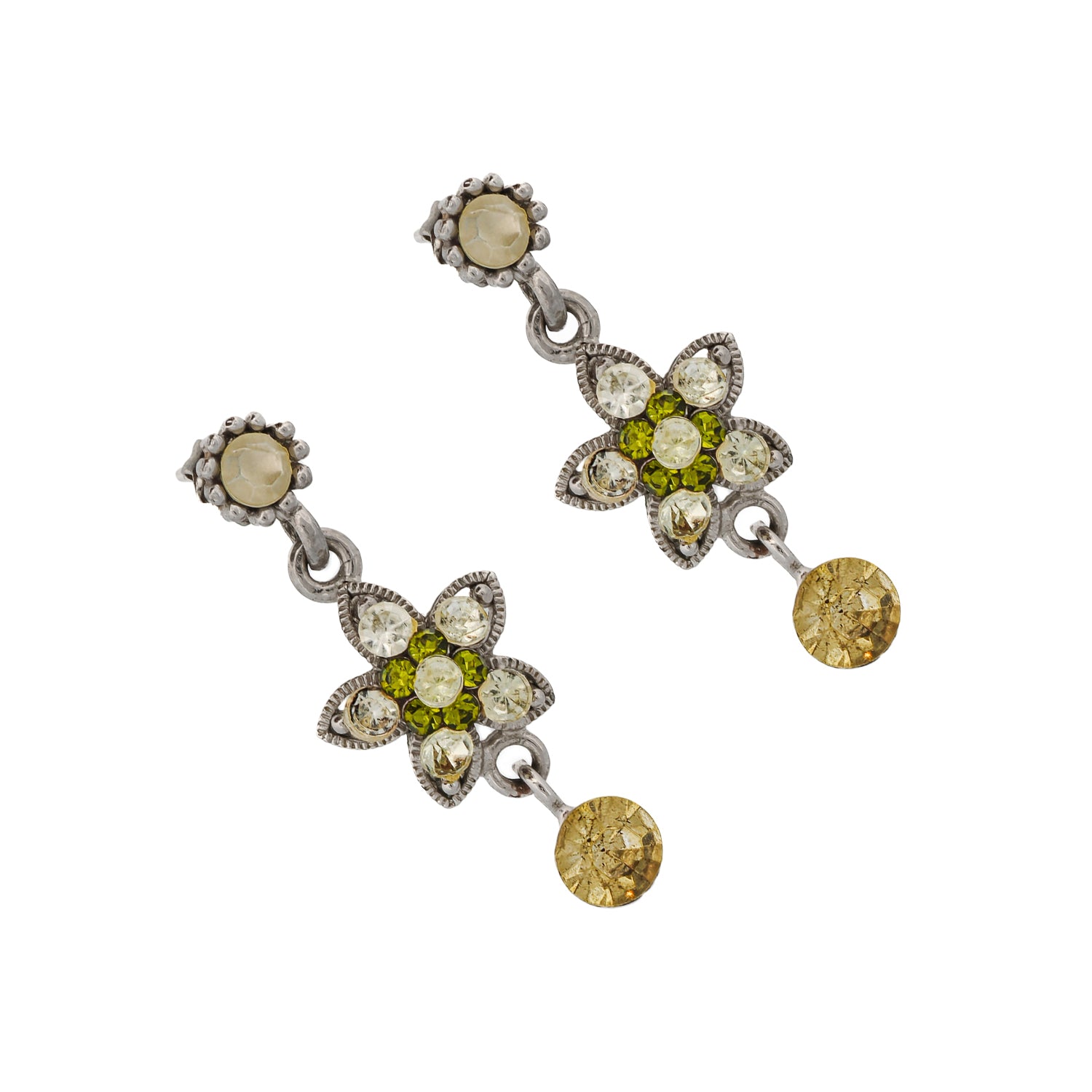 Green Sapphire &amp; Diamond Vintage Floral Silver Earrings
