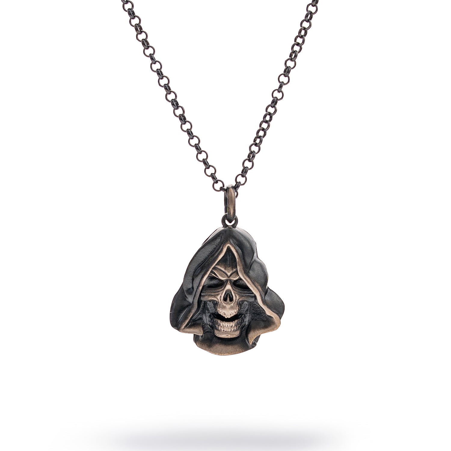 Grim Reaper men’s necklace in sterling silver with a detailed reaper pendant and polished chain, bold gothic jewelry.
