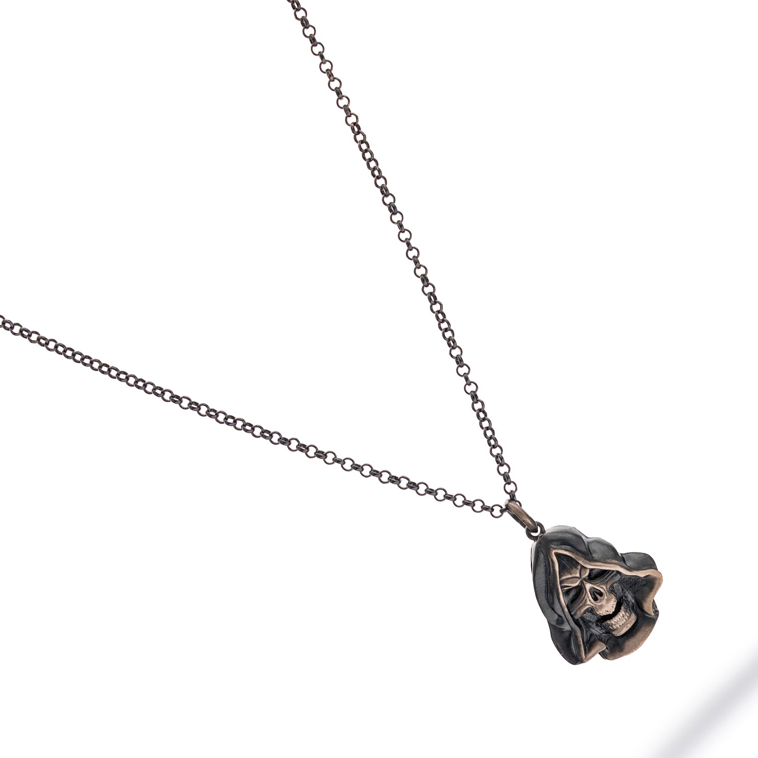 Sterling silver men’s necklace with a dark rhodium-plated hooded Grim Reaper skull pendant and polished silver chain, gothic style.
