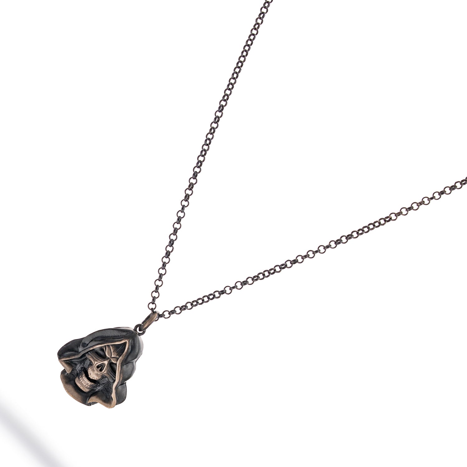 Sterling silver Grim Reaper men’s necklace with a detailed skull pendant, blackened accents, and polished silver chain, gothic jewelry.