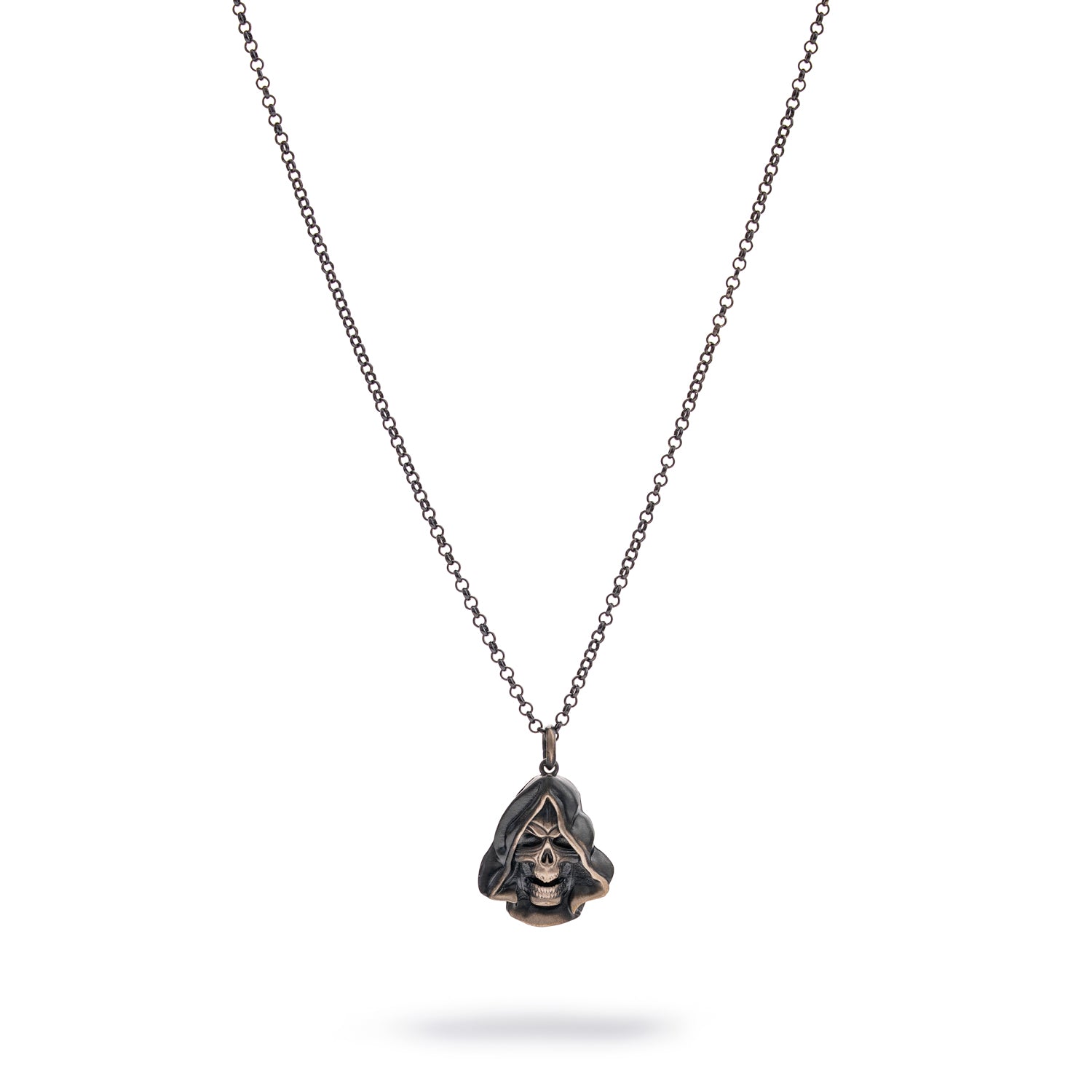Grim Reaper men's necklace in sterling silver featuring a detailed skull pendant with dark accents on a polished silver chain.