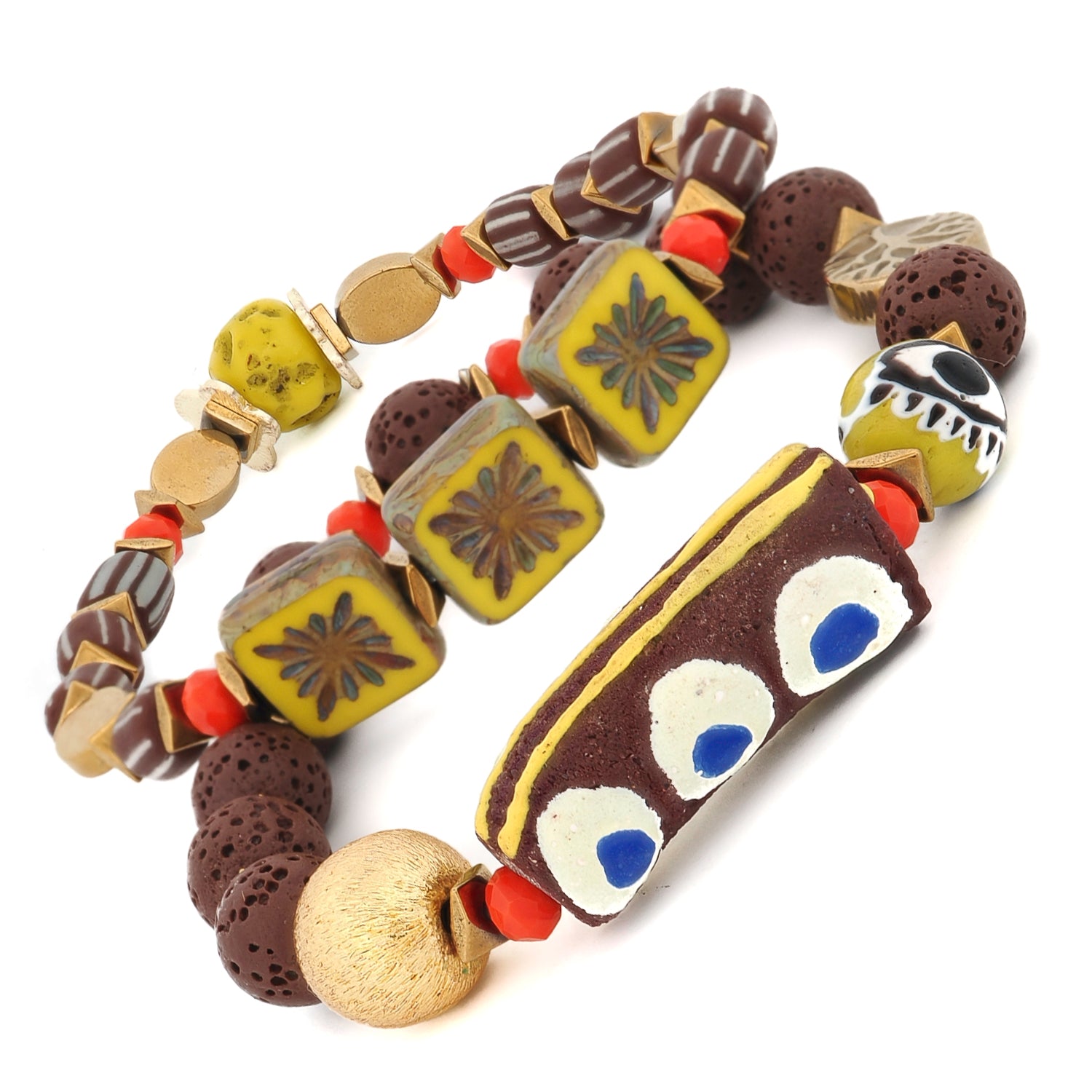 Handmade evil eye bracelet pair featuring brown lava rock beads, ceramic evil eye charms, and hand-painted African trade beads — Ebru Jewelry