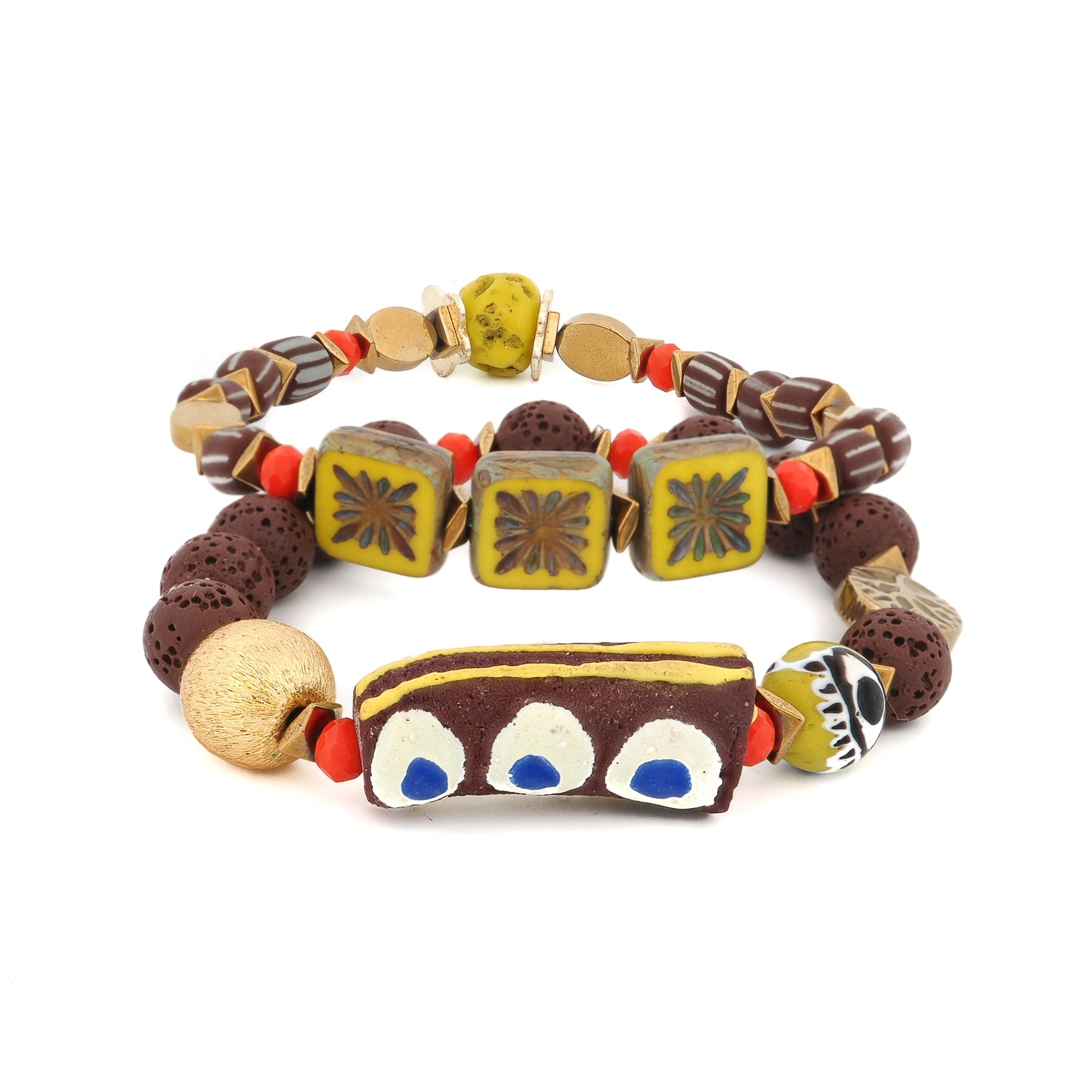 Grounded Spirit Evil Eye Bracelet Duo product photo with handmade ceramic evil eye tube bead, yellow evil eye, lava rock and gold hematite spacers
