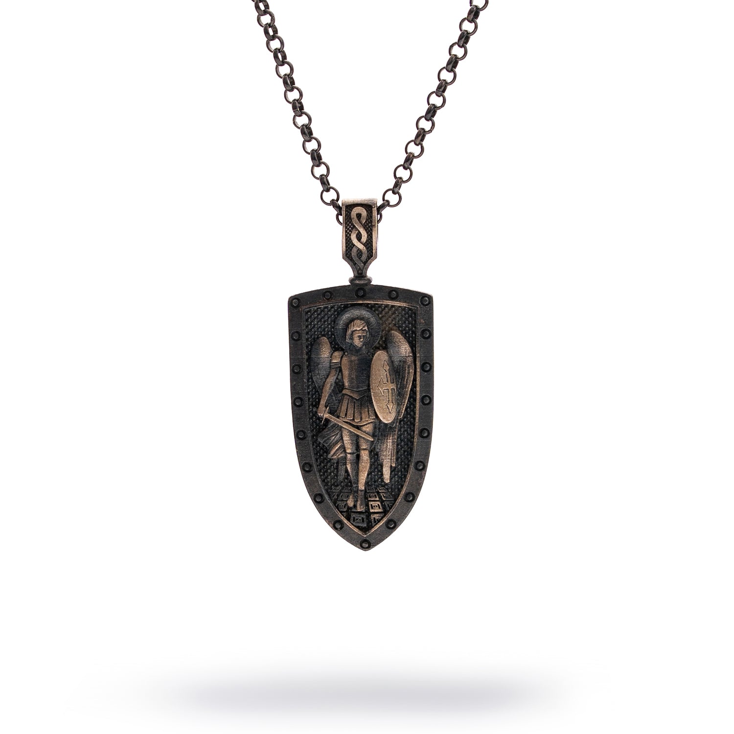 Sterling silver necklace with shield pendant featuring a winged guardian angel, rhodium finish, detailed design, black accents, strong chain, bold style.