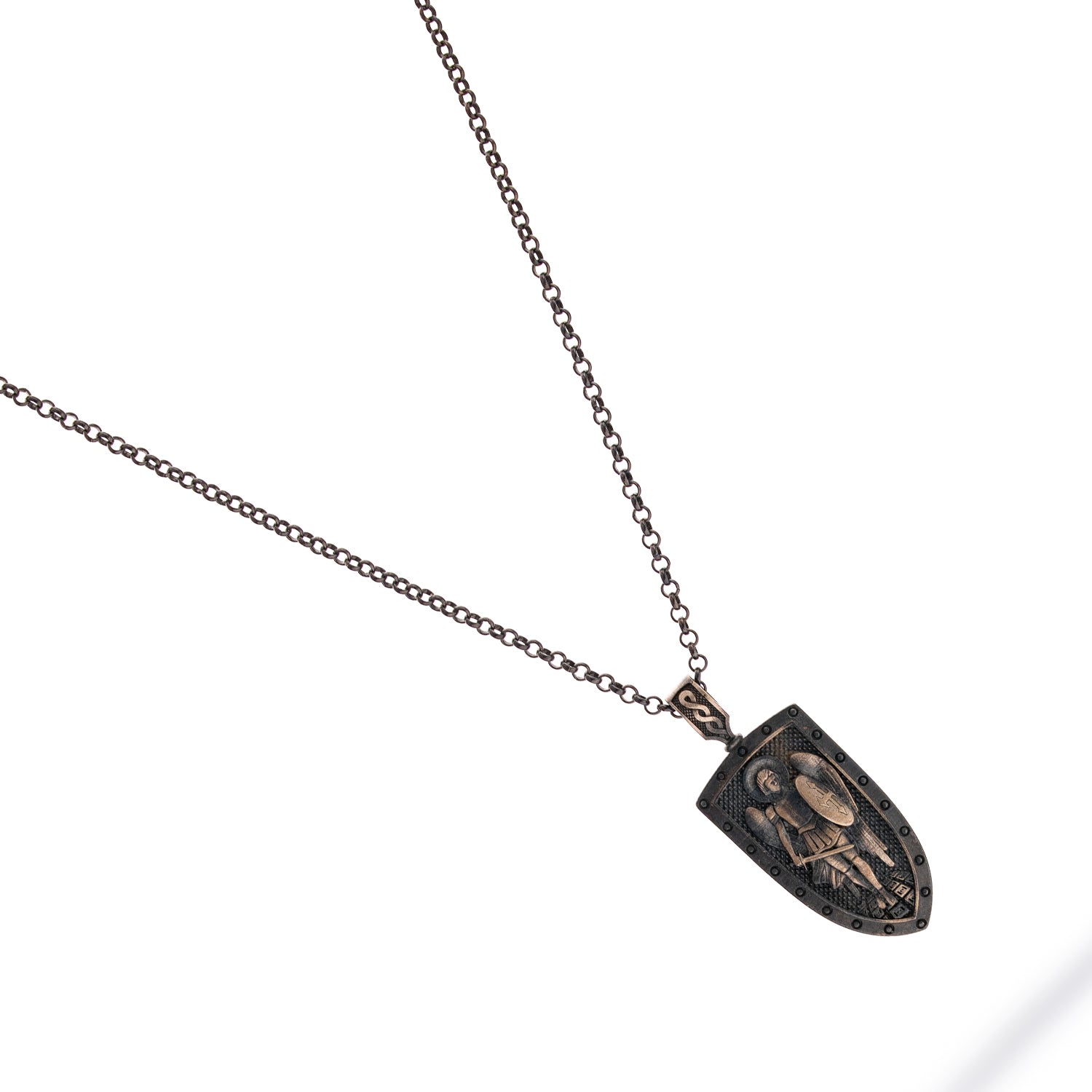 Sterling silver necklace with shield pendant, winged guardian angel design, rhodium-plated finish, detailed accents, bold masculine style.