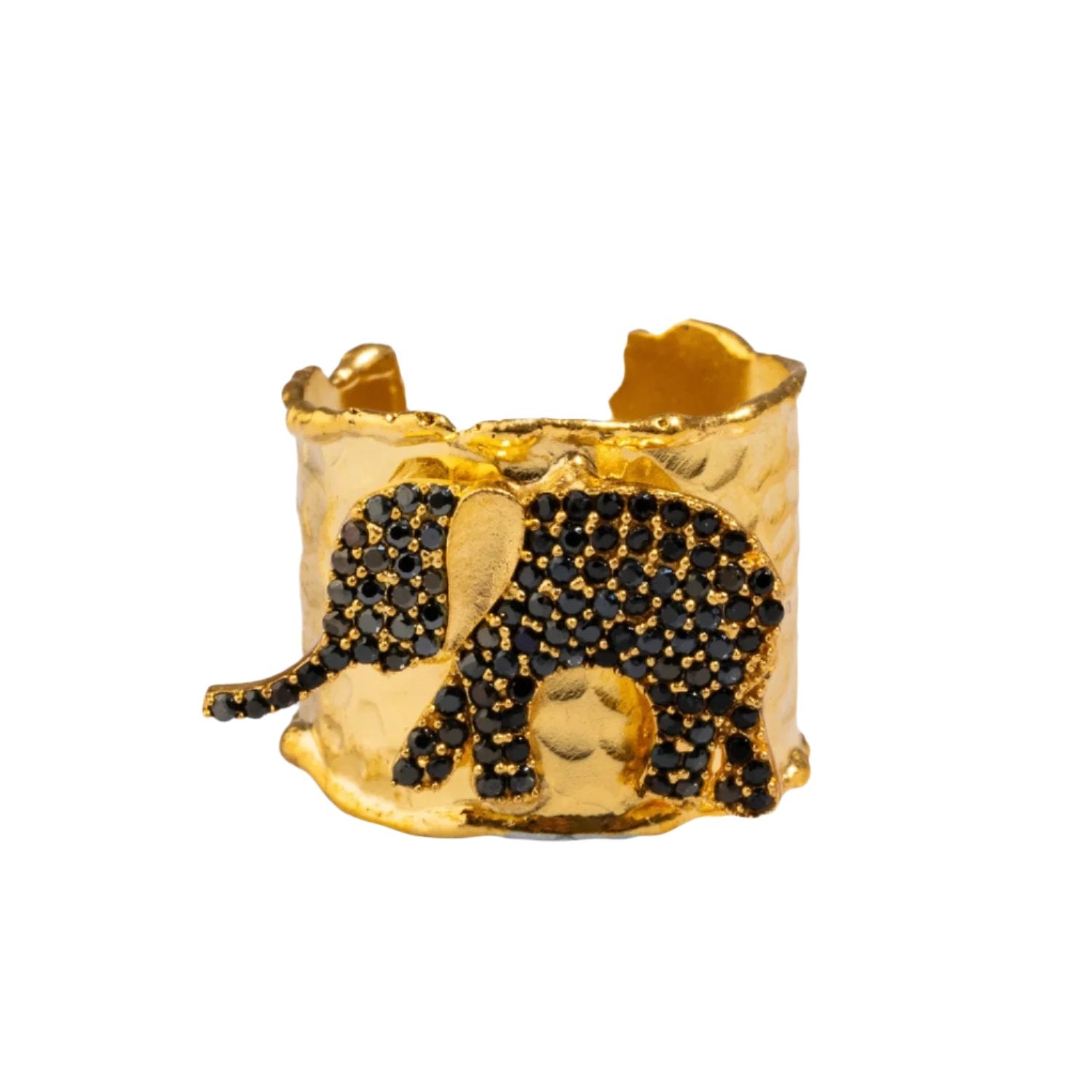 Bold chunky gold ring with a detailed black Swarovski crystal-adorned elephant, crafted from 24k gold-plated brass and adjustable for a perfect fit.
