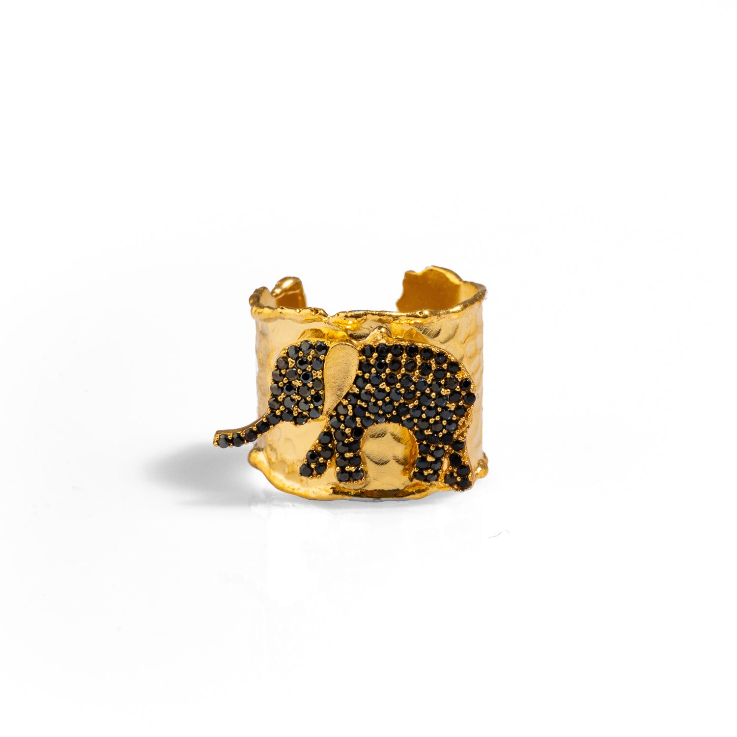 Sophisticated ring with a black crystal elephant and chunky gold design, plated with 24k gold and adjustable for any finger size.
