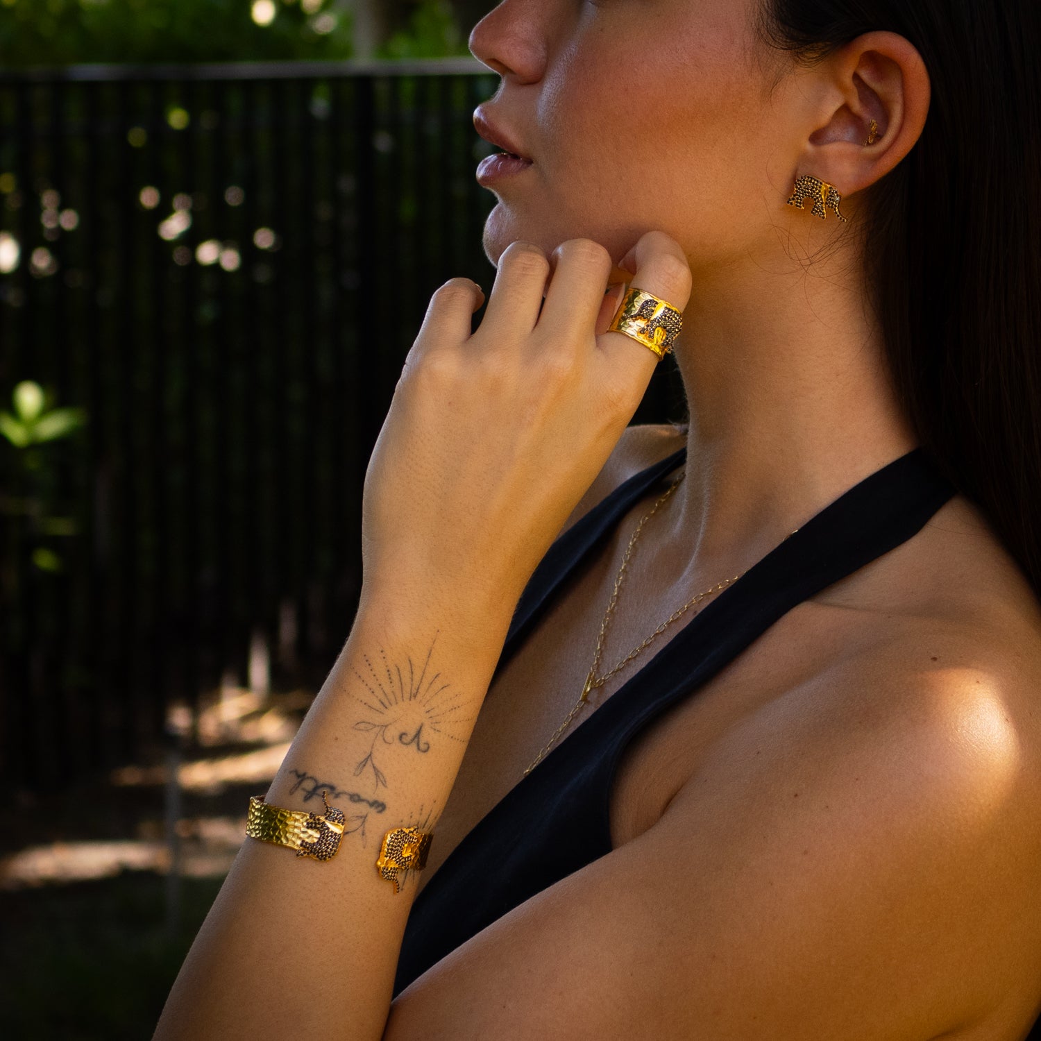 Guardian Black Elephant Gold Stud Earrings