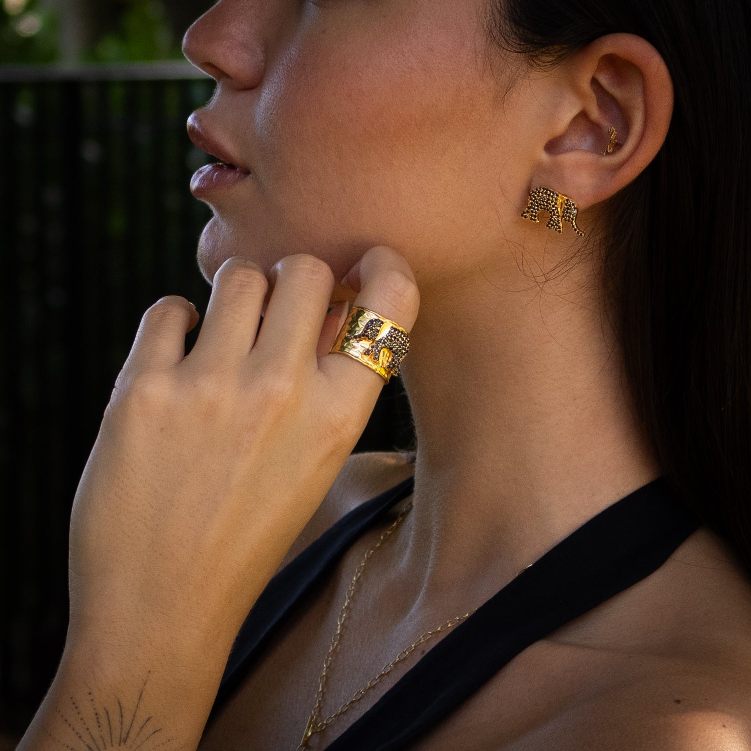 Guardian Black Elephant Gold Stud Earrings
