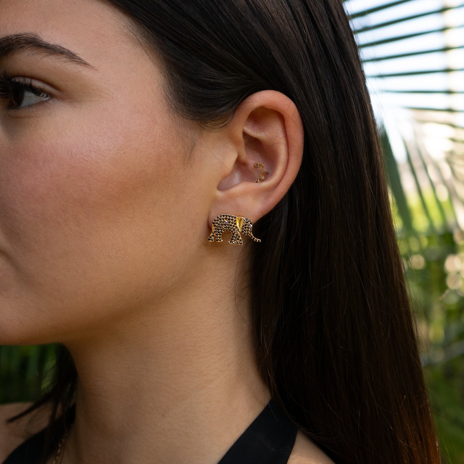 Guardian Black Elephant Gold Stud Earrings