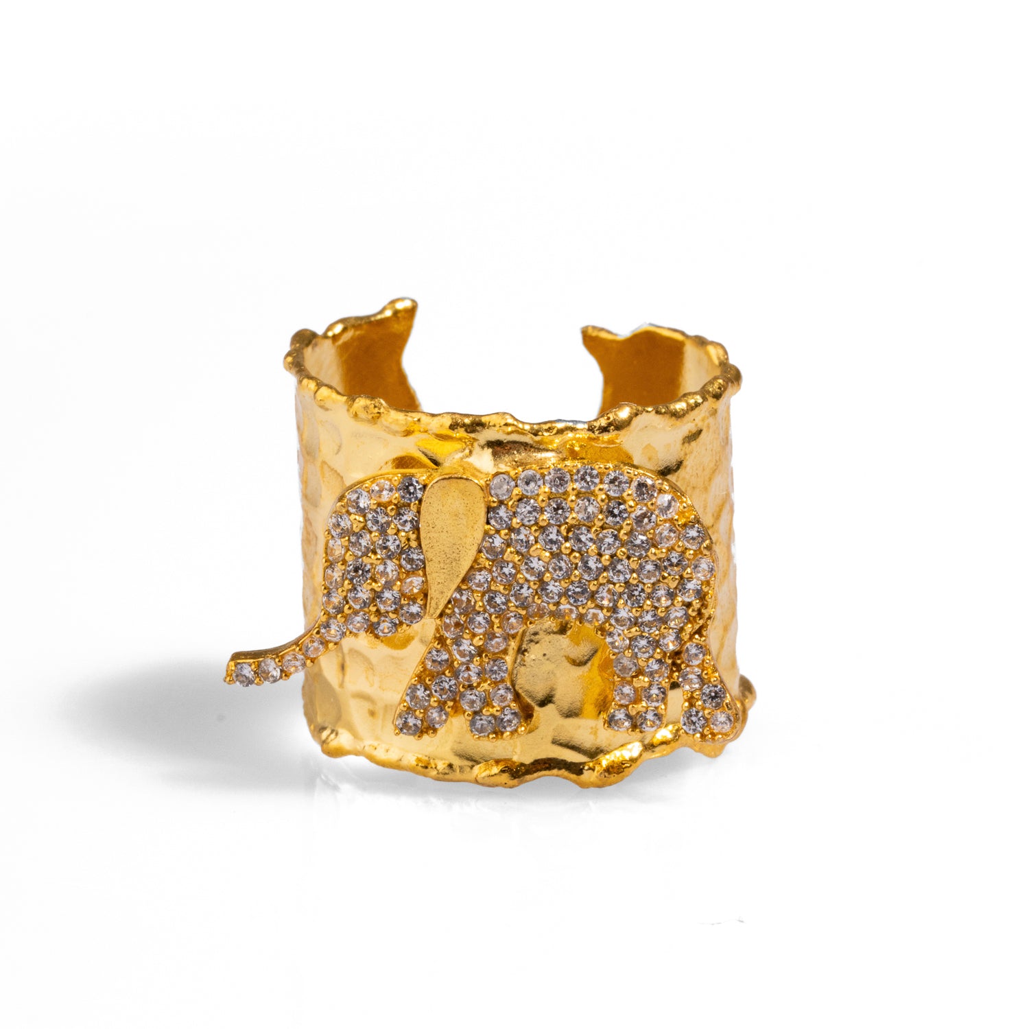 Luxurious chunky gold ring with a detailed diamond-adorned elephant, crafted from 24k gold-plated brass and adjustable for a perfect fit.