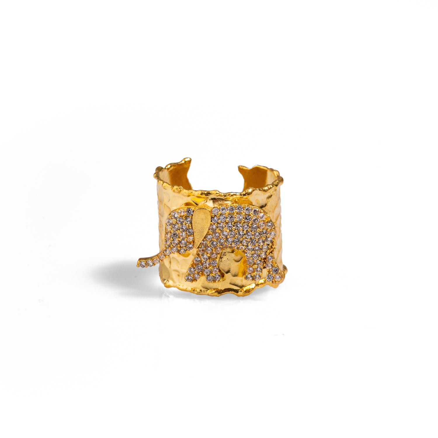 Guardian ring with a chunky gold elephant design and sparkling CZ diamonds, plated with 24k gold and adjustable for comfort.
