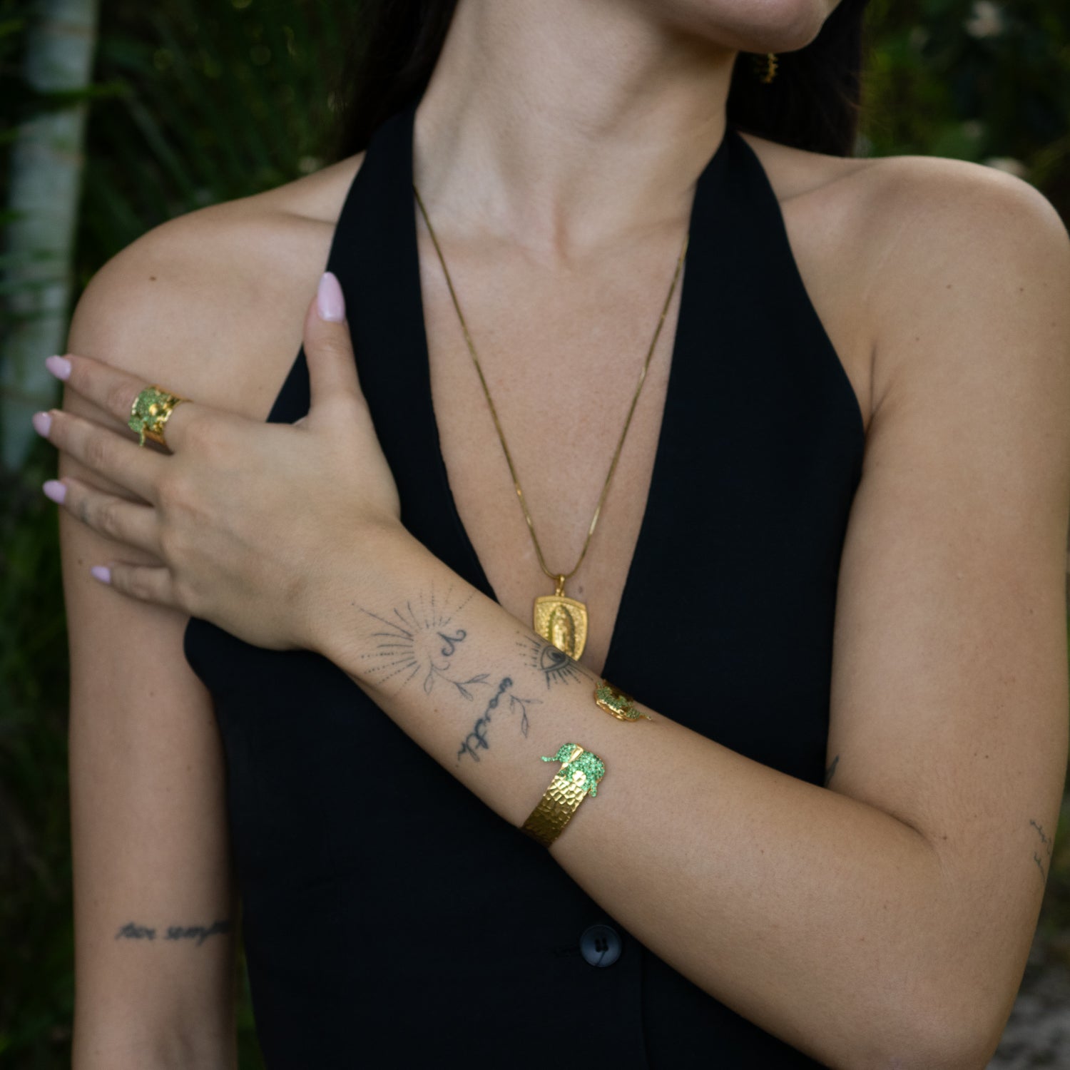 Guardian Elephant Emerald Gold Cuff Bracelet