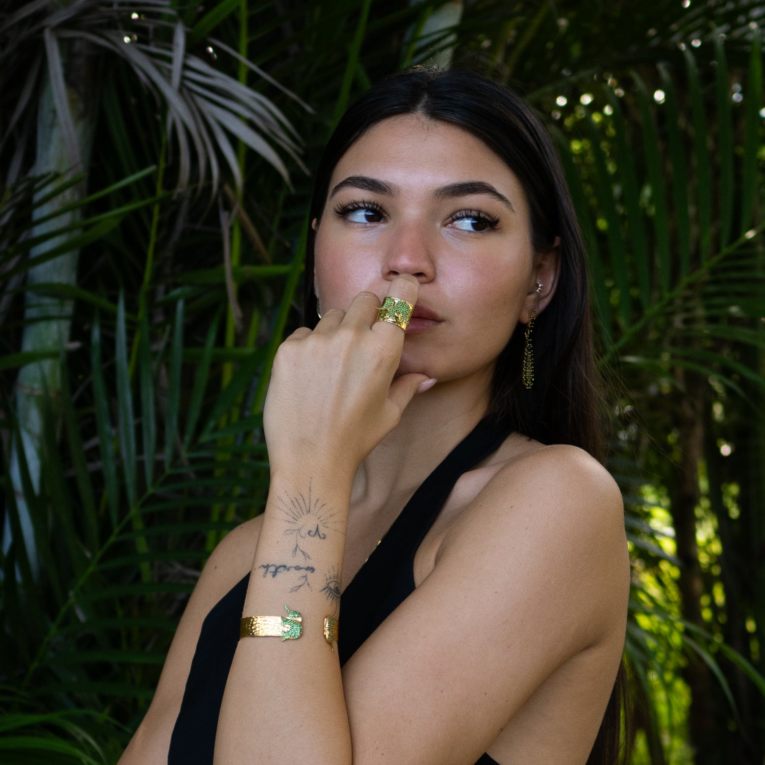 Guardian Elephant Emerald Gold Cuff Bracelet