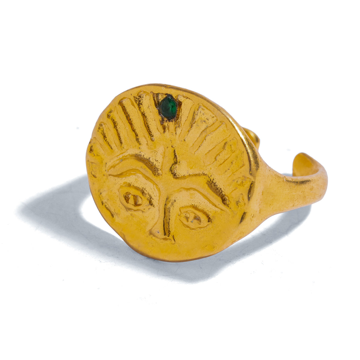 Guardian Emerald Eye Adjustable Gold Ring on white, 18K gold plated face and open adjustable band