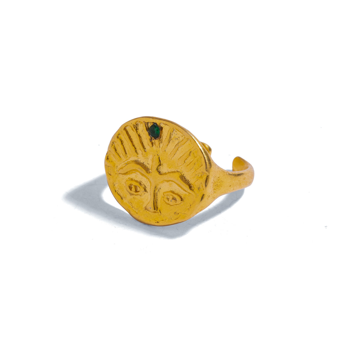 Guardian Emerald Eye Adjustable Gold Ring on white, round signet face with a single green emerald