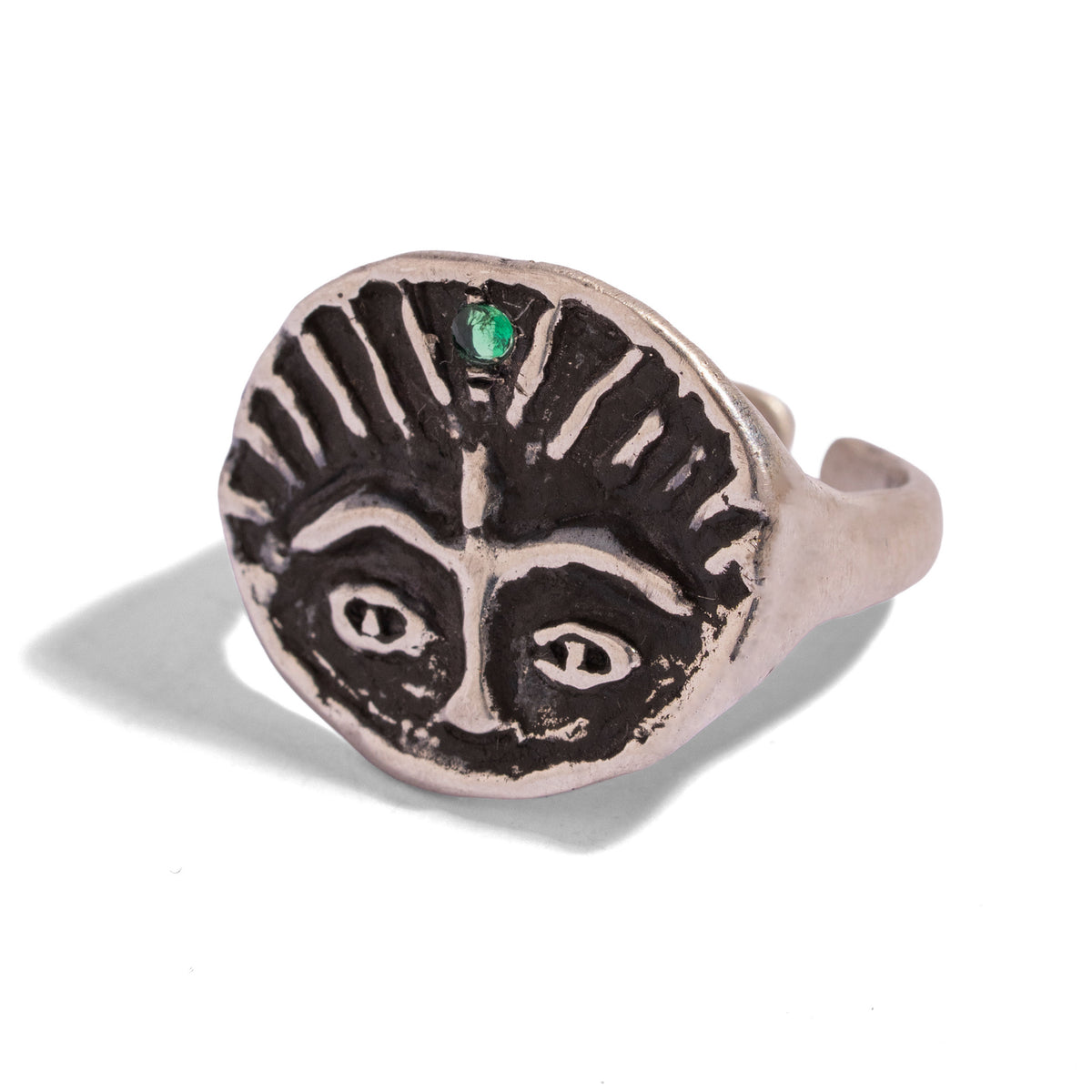 Guardian Emerald Eye Adjustable Sterling Silver Ring, front view of the carved oxidized guardian face with an emerald among its rays