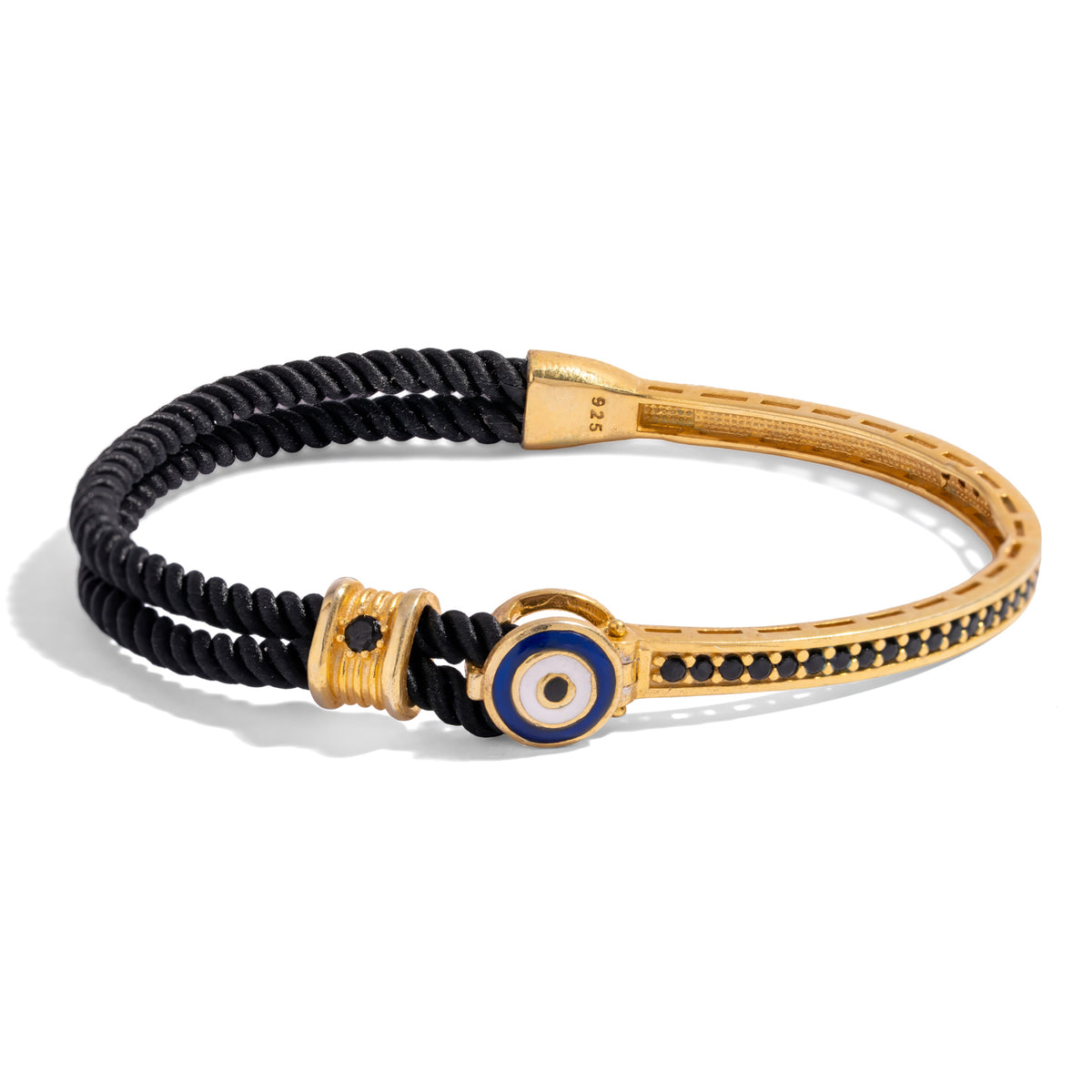 Guardian Evil Eye men's bracelet with a twisted black cord, a blue enamel evil eye and a gold bar set with black zircon