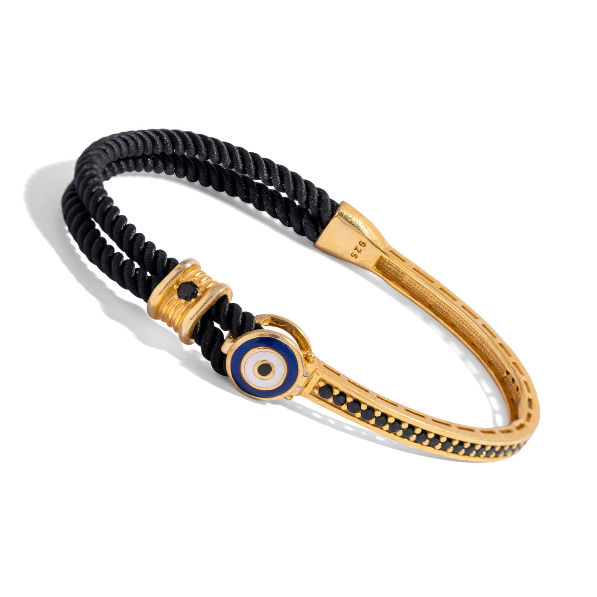 Angled view of the men's evil eye bracelet showing the blue and white enamel eye, the gold slider bead and the black zircon bar