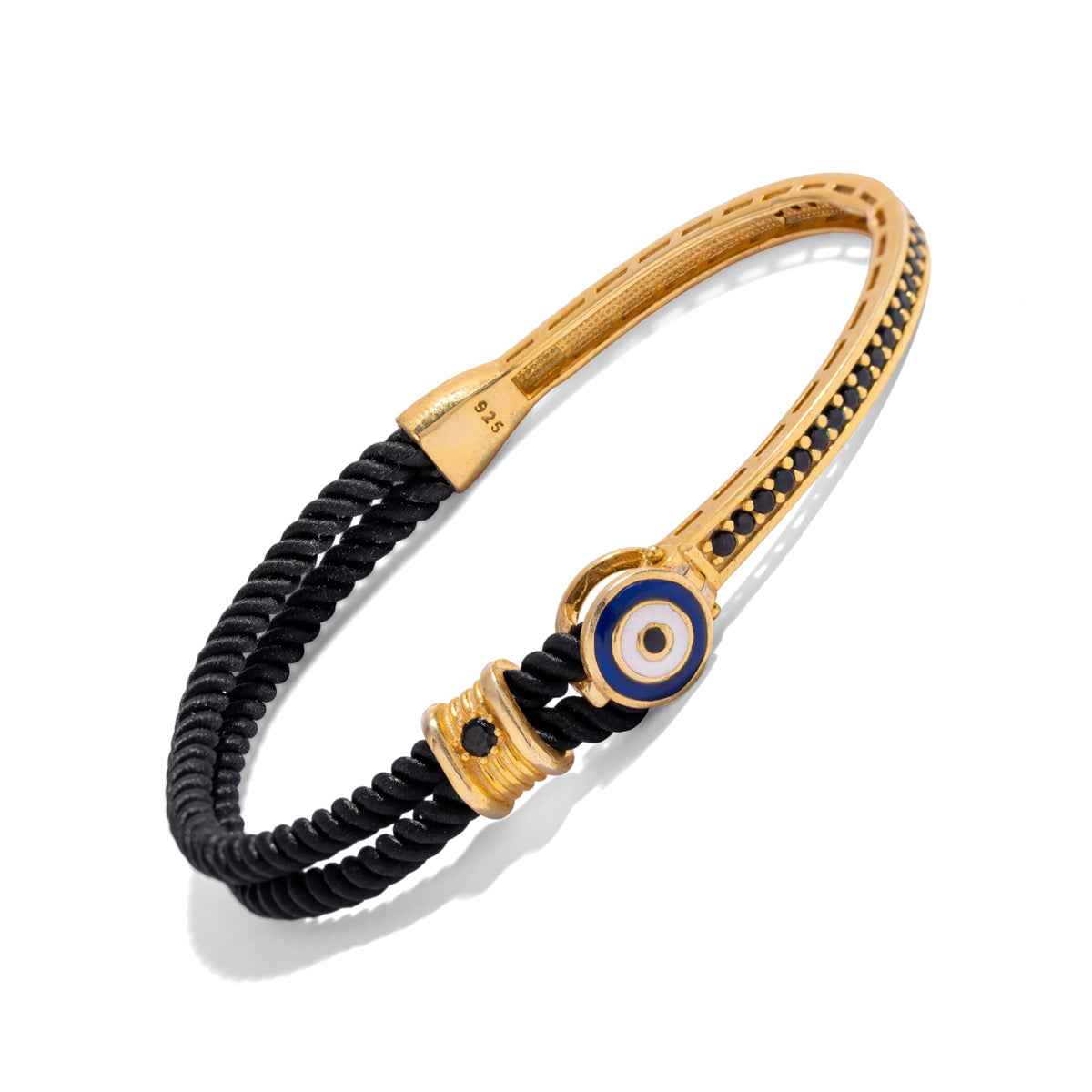 Black cord and gold evil eye bracelet seen from above, the row of black zircon running along the gold bar