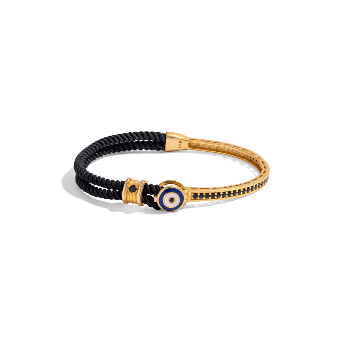 Front view of the Guardian Evil Eye Black Cord Gold Men's Bracelet