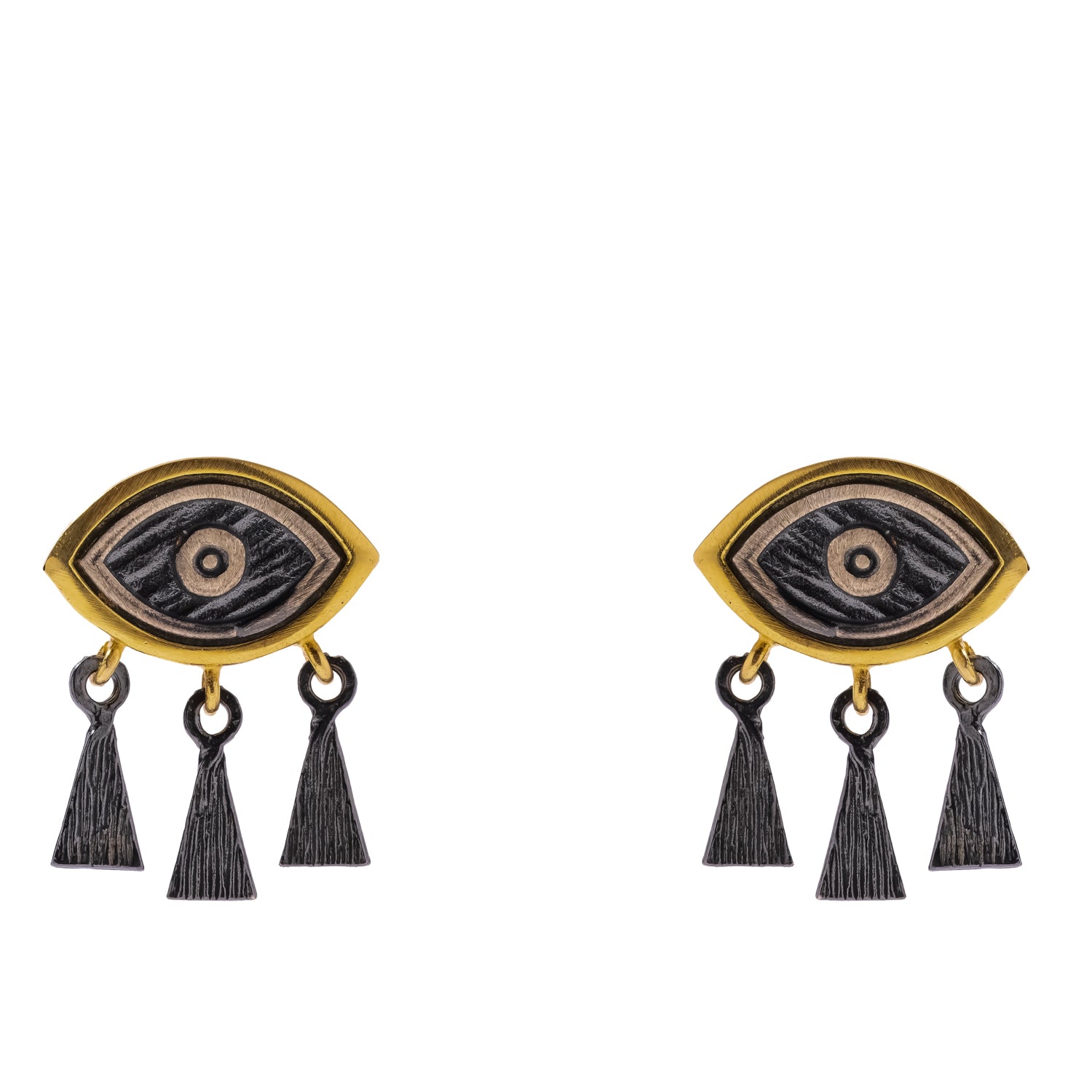 Macro view of the Guardian Eye Fringe stud earring showing the oxidised triangle fringe charms in detail