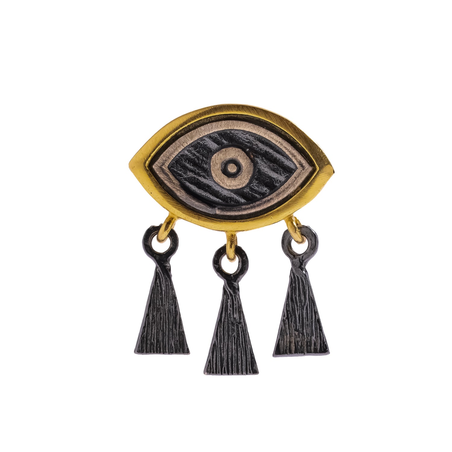 Model wearing the Guardian Eye Fringe stud earrings paired with a delicate gold necklace