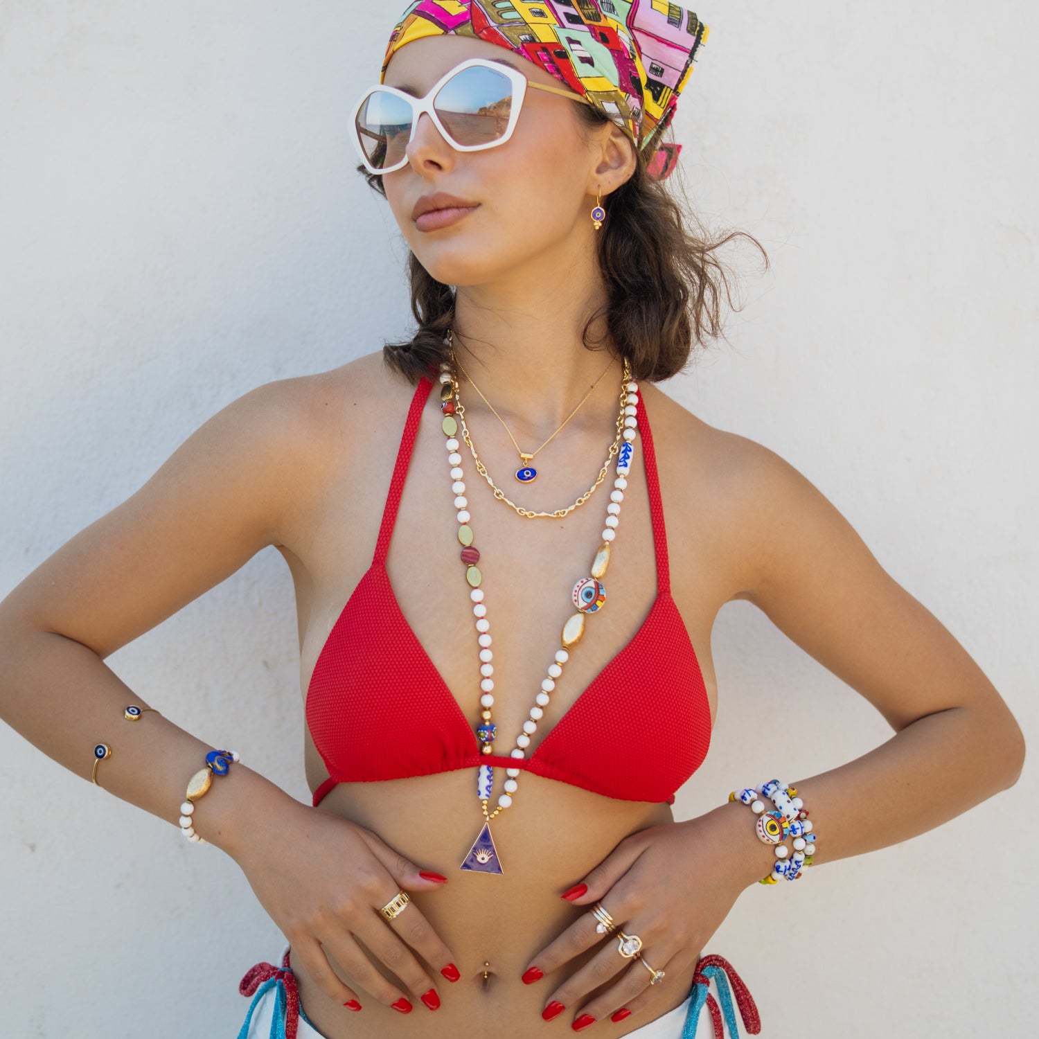 Guardian Eye White Jade Beaded Long Necklace styled on model, highlighting the layered look