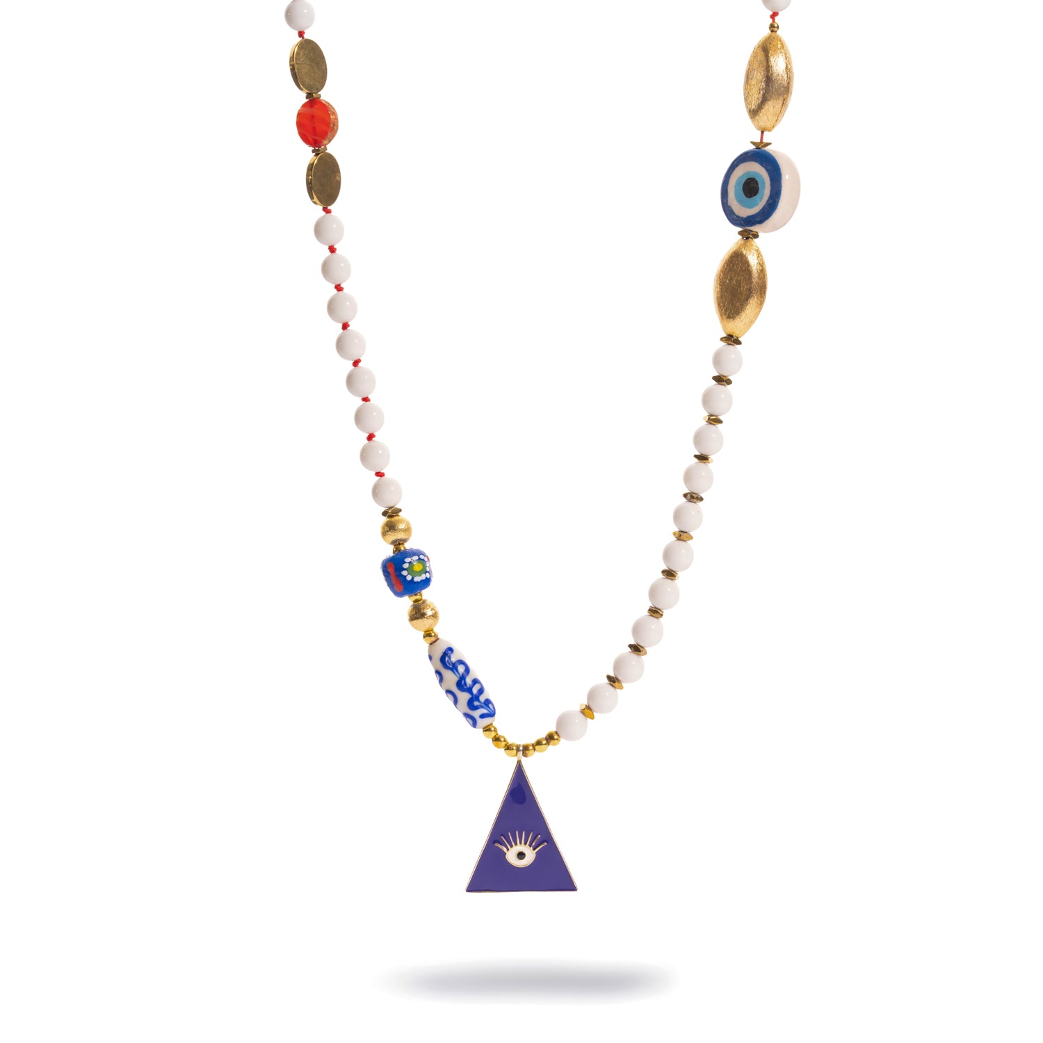 Guardian Eye White Jade Beaded Long Necklace close-up, showcasing the double-sided ceramic evil eye bead