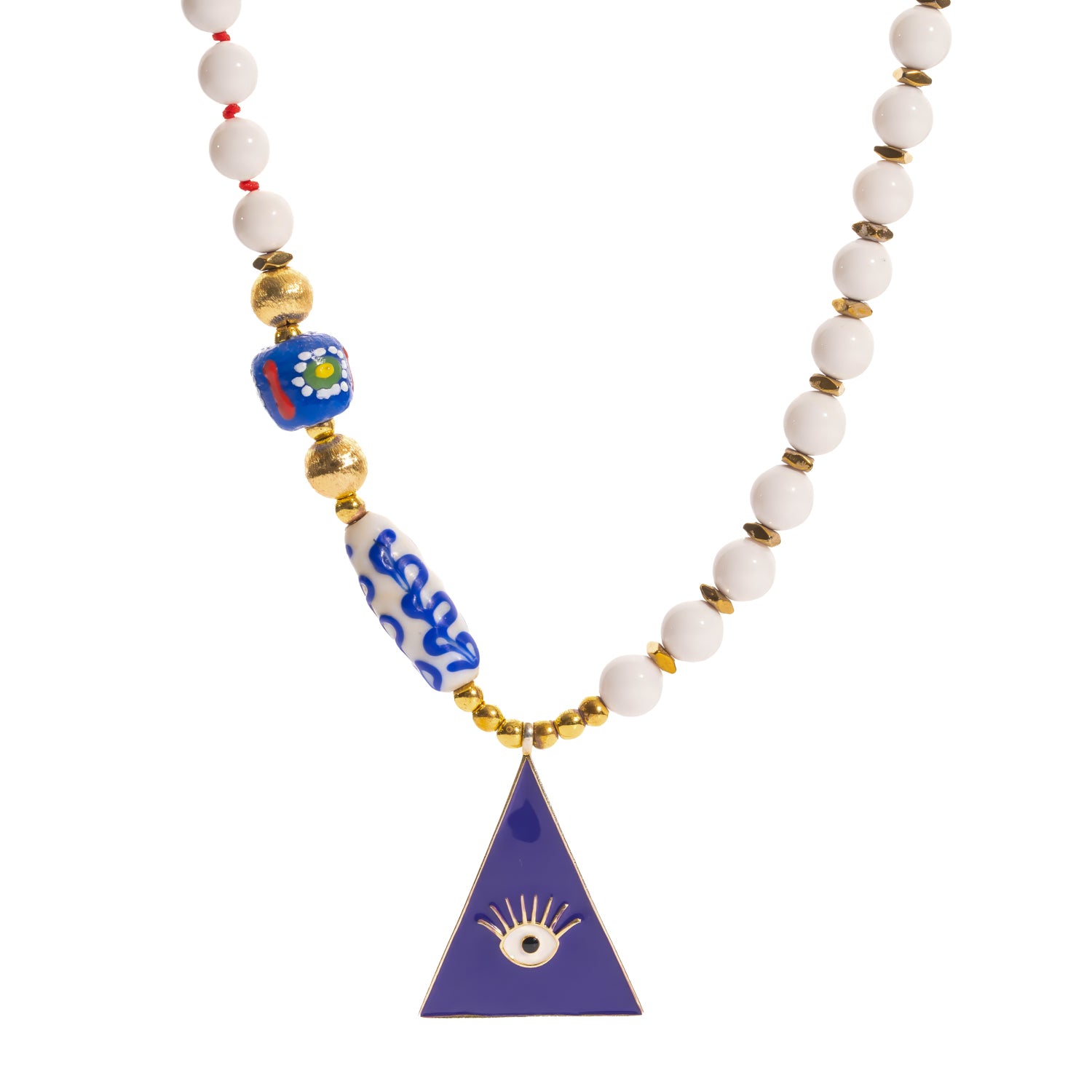Guardian Eye White Jade Beaded Long Necklace close-up view, showcasing the colorful side of the evil eye bead