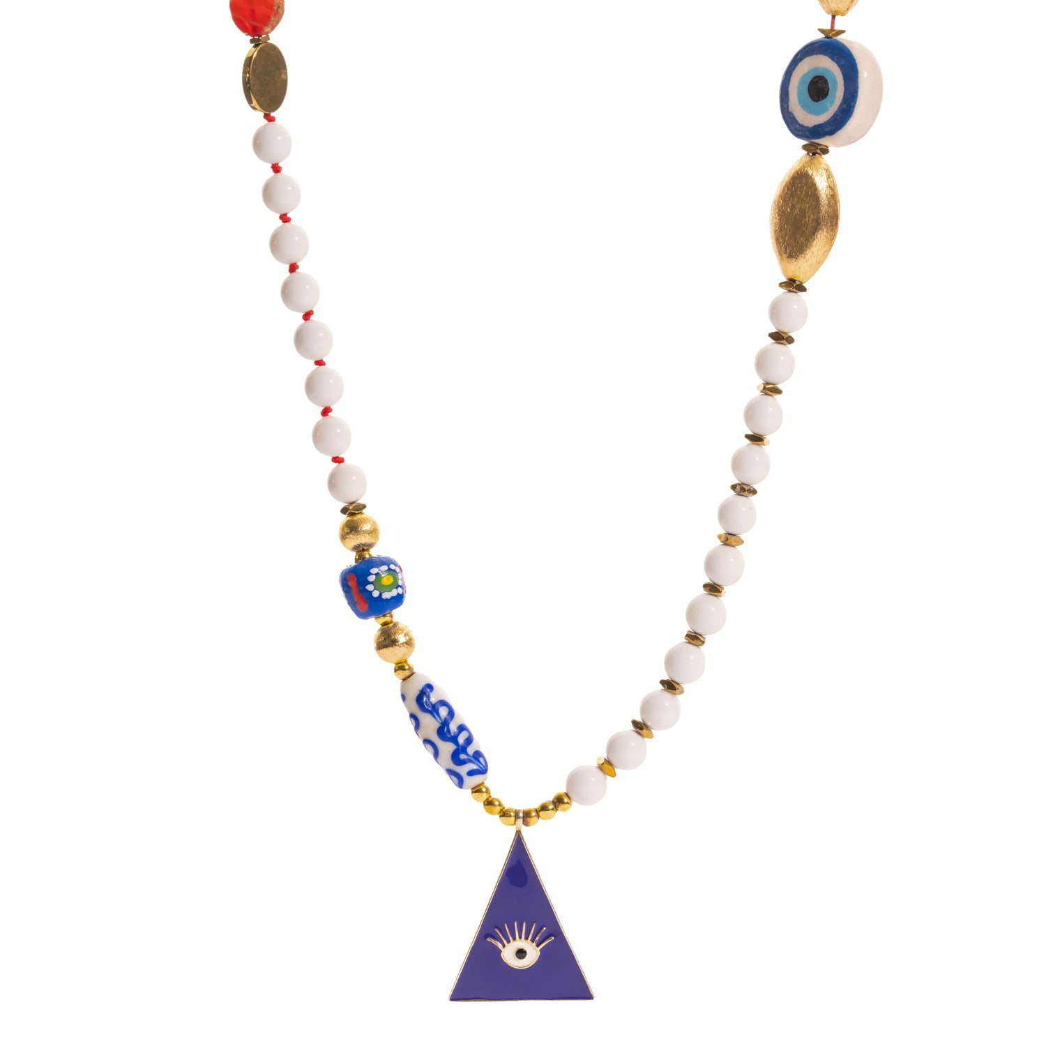 Guardian Eye White Jade Beaded Long Necklace detail view, featuring the gold hematite stones