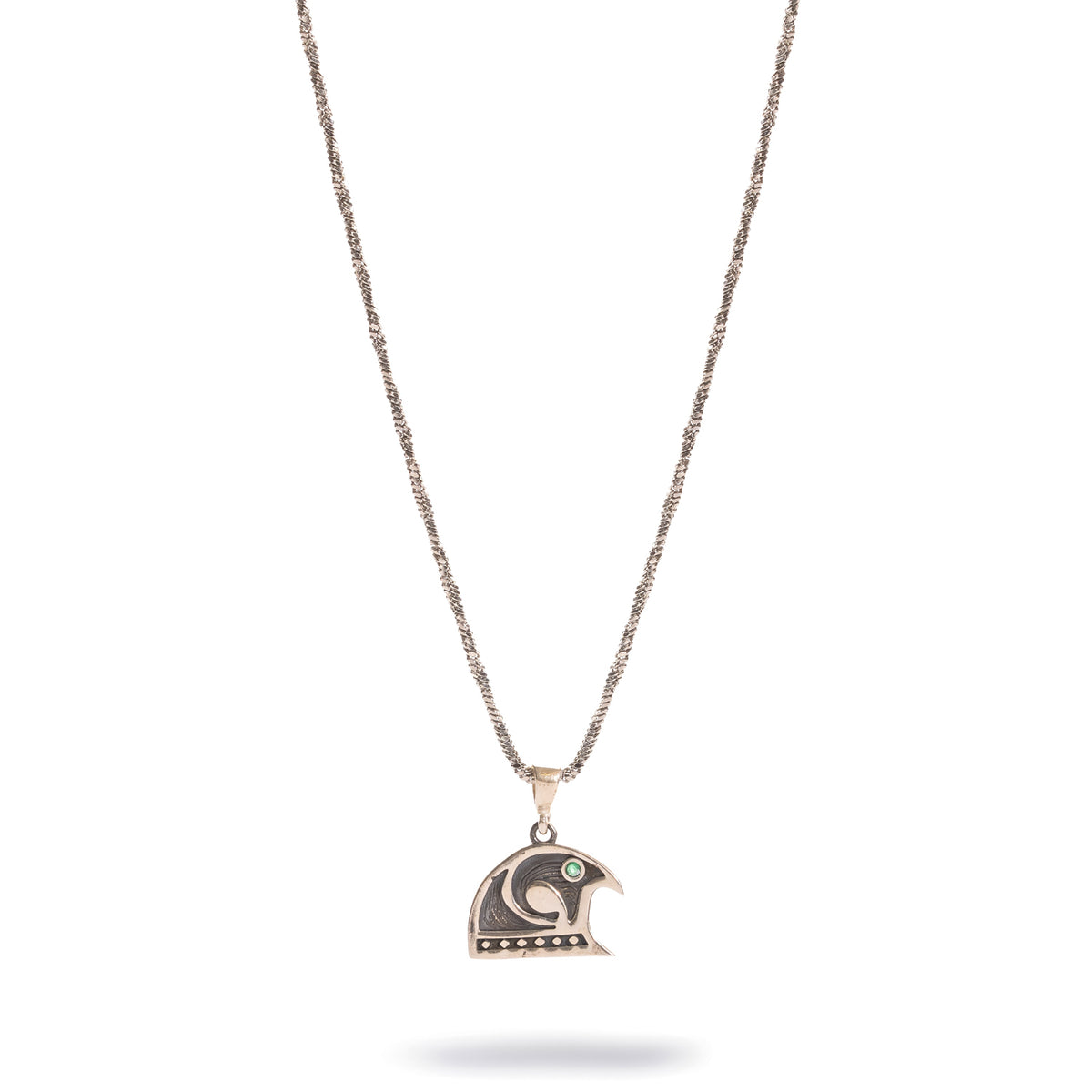 Guardian Falcon Emerald Eye Silver Men's Necklace shown full length, twisted rope chain with the oxidized silver falcon pendant