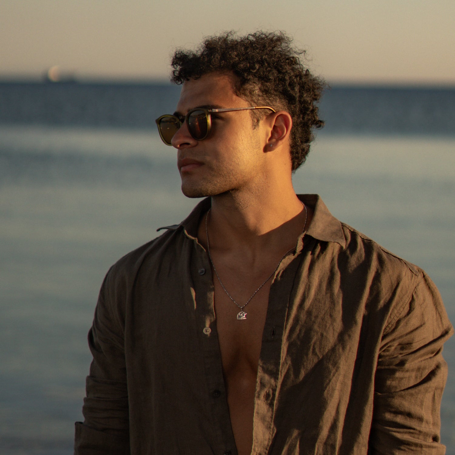 Man wearing the Guardian Falcon Emerald Eye Silver Men's Necklace in profile at sunset by the sea