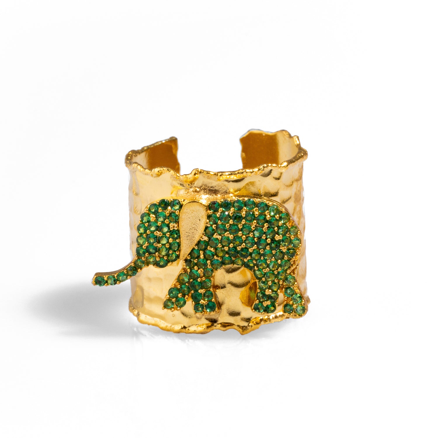 Chunky gold ring with a detailed green Swarovski crystal-adorned elephant, crafted from 24k gold-plated brass and adjustable for a perfect fit.
