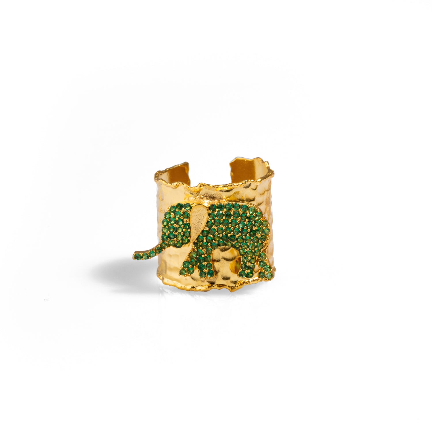 Gold chunky ring featuring a green crystal elephant, crafted in 24k gold-plated brass with an adjustable band for a custom fit.
