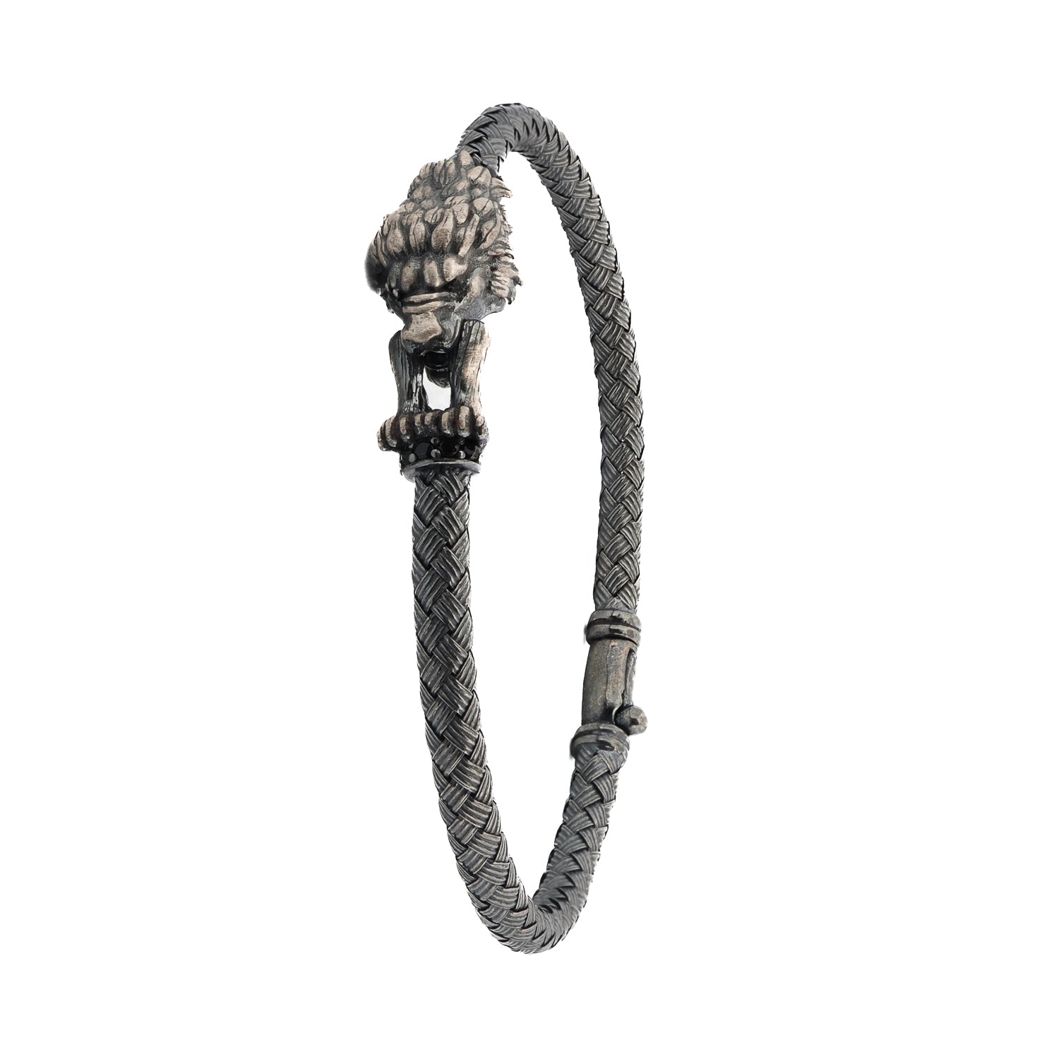Gray braided bracelet with a lion head clasp on a white background