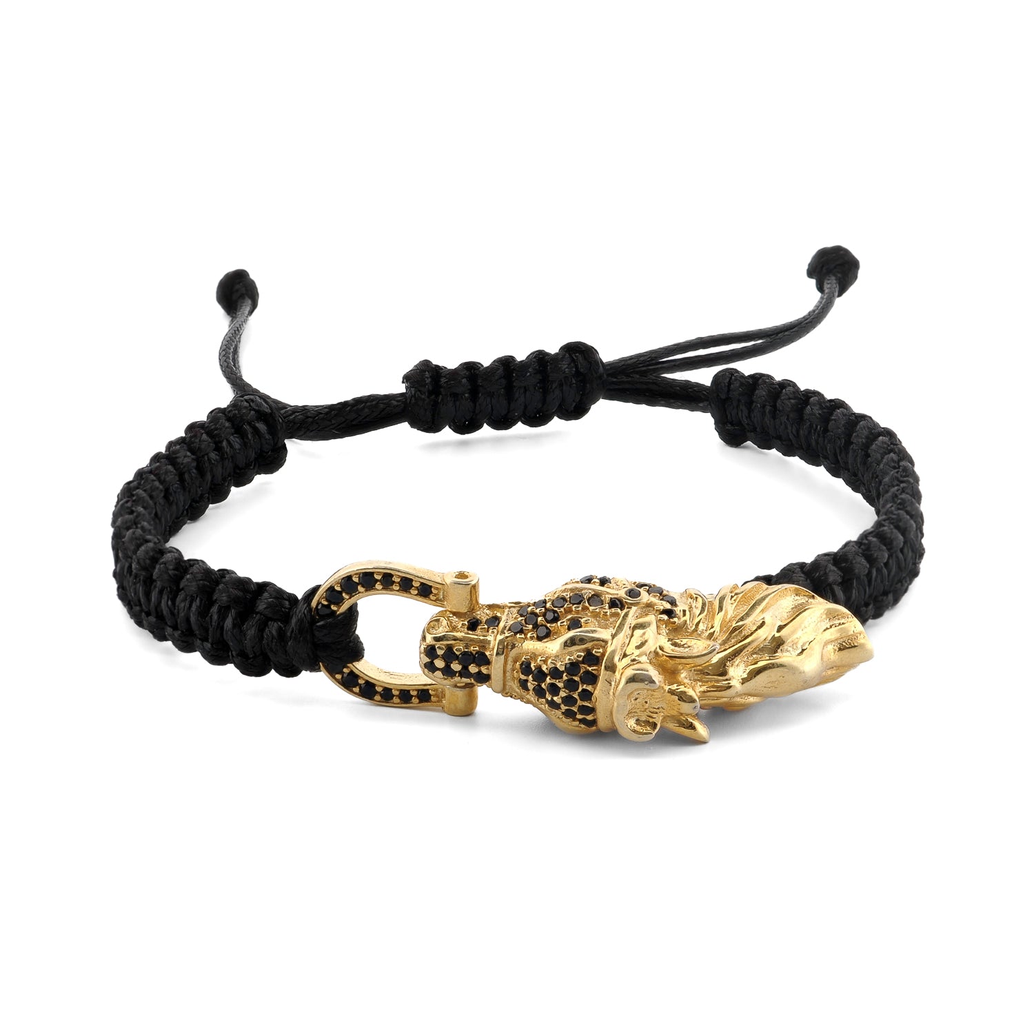 Black diamond woven bracelet featuring a silver guardian lion charm and bold, intricate craftsmanship for men.