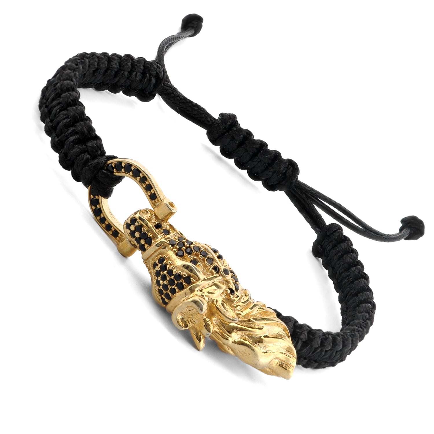 Black diamond woven bracelet with a silver guardian lion charm, featuring bold design and intricate craftsmanship for men.