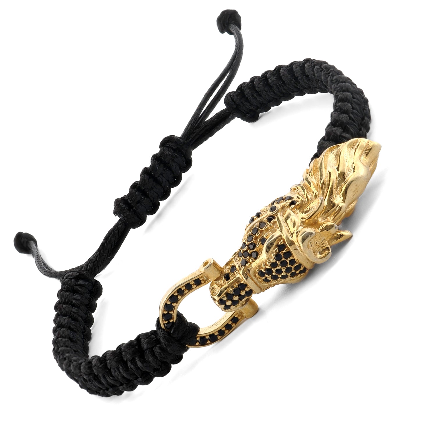 Woven bracelet with black diamond beads and a silver guardian lion charm, crafted for a bold, stylish men’s accessory.