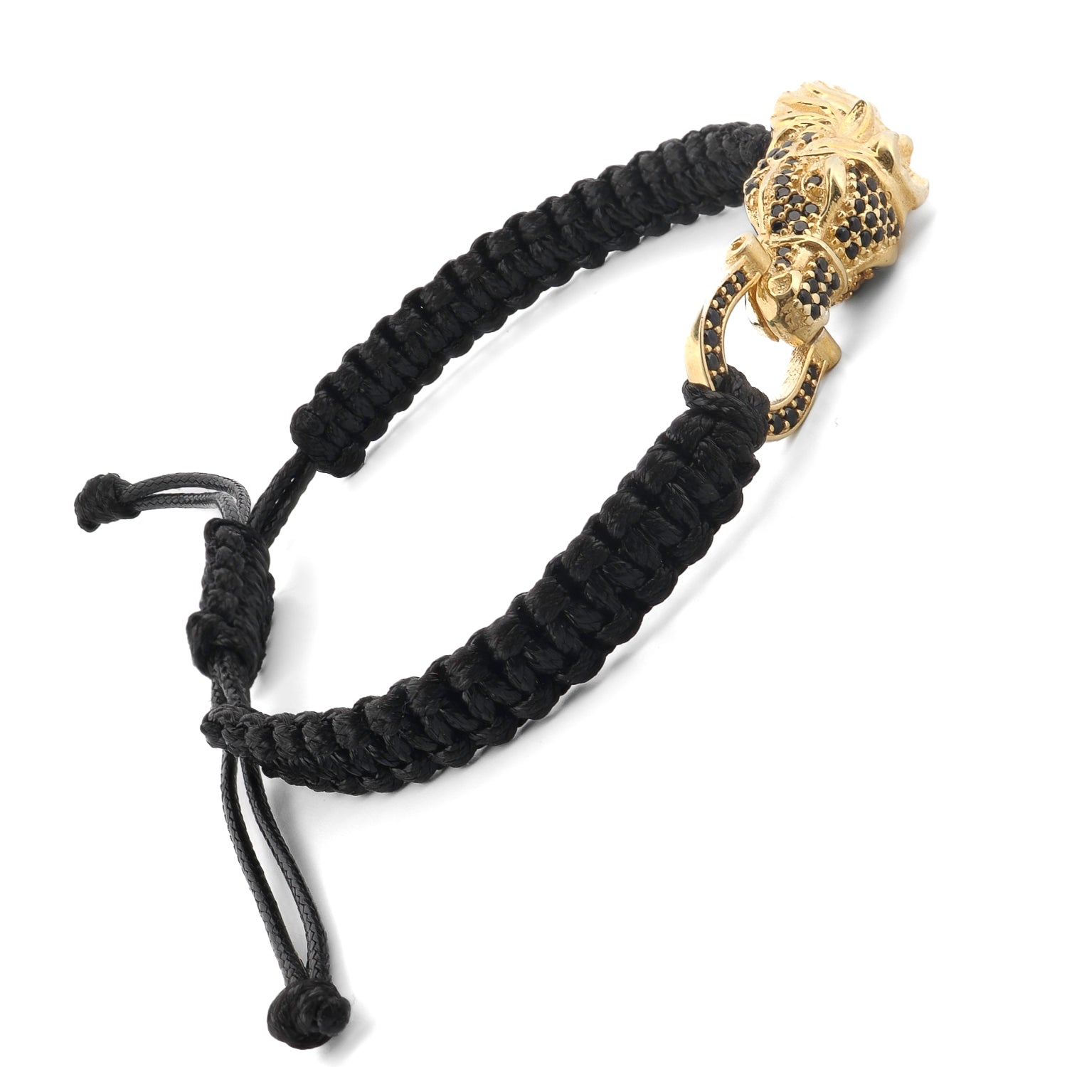 Black diamond woven bracelet with detailed silver guardian lion charm, featuring bold masculine design and artisan craftsmanship.