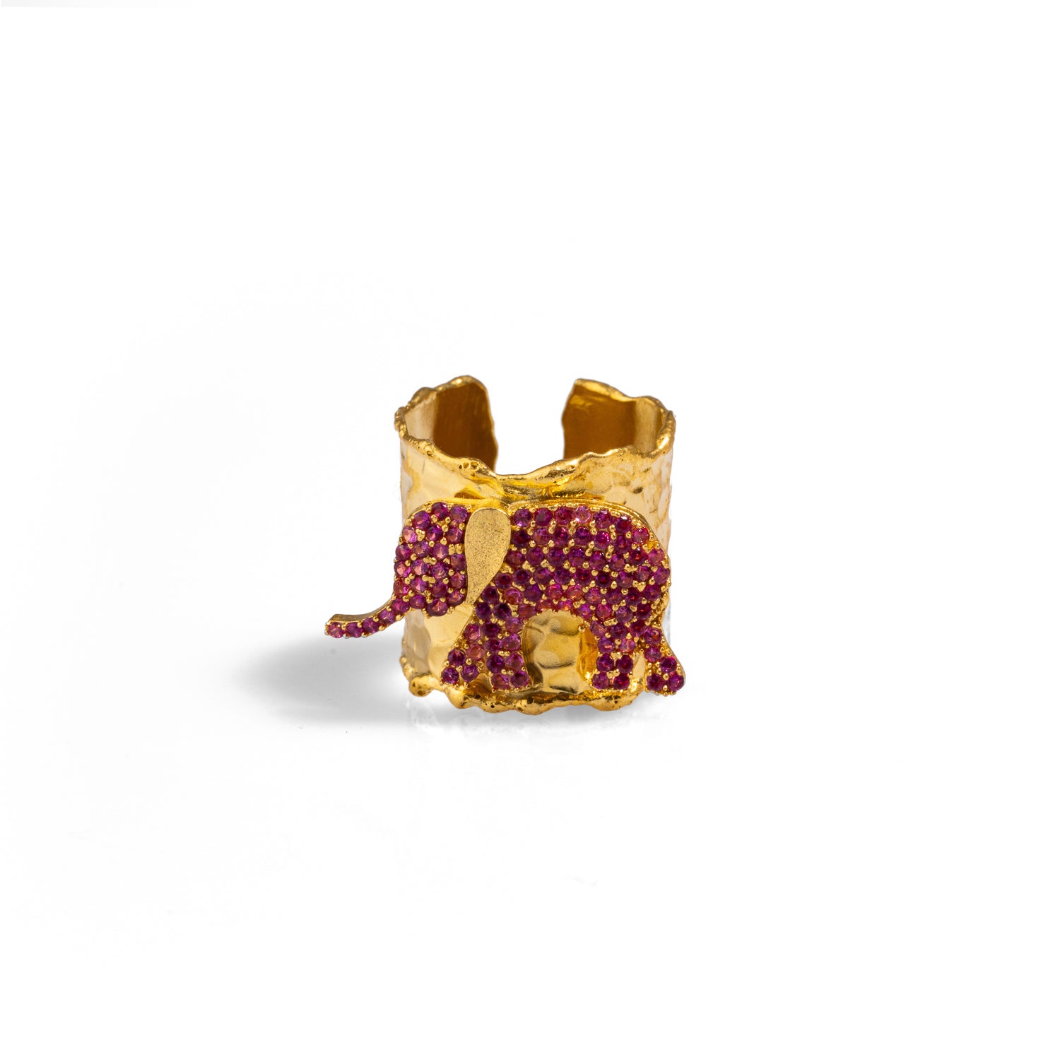 Sophisticated ring with a pink Swarovski crystal elephant and chunky gold design, plated with 24k gold and adjustable for any finger size.
