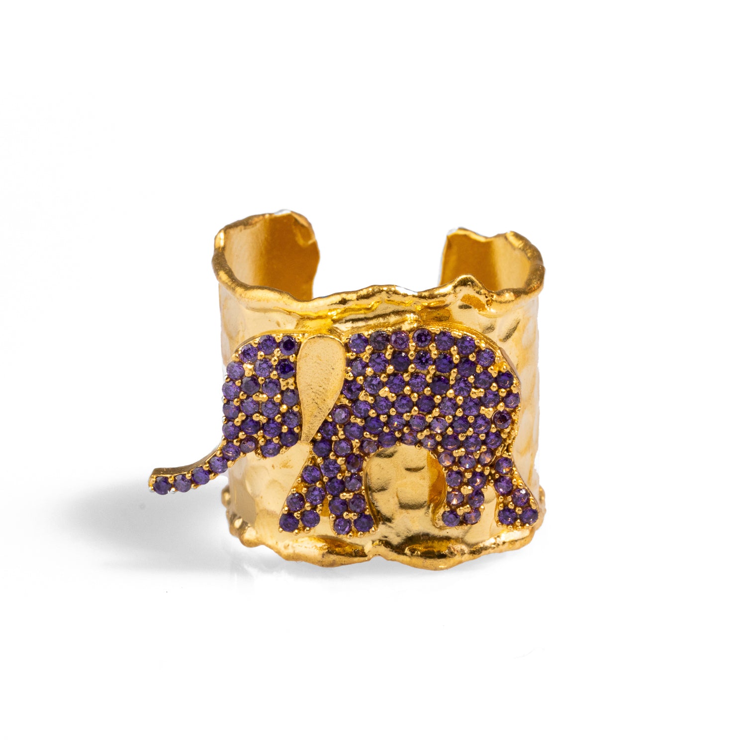 Chunky gold ring with a detailed purple Swarovski crystal-adorned elephant, crafted from 24k gold-plated brass and adjustable for a perfect fit.
