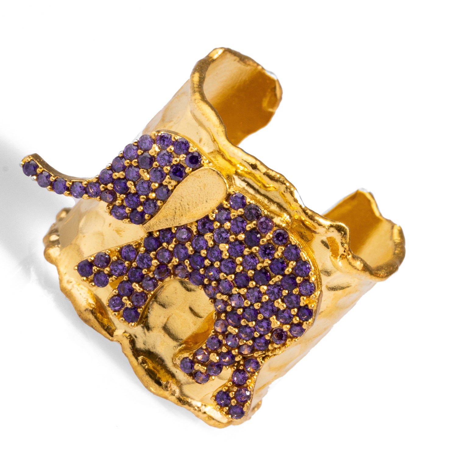 Elegant chunky gold ring with a purple crystal elephant design, crafted from 24k gold-plated brass, adjustable for versatile wear.
