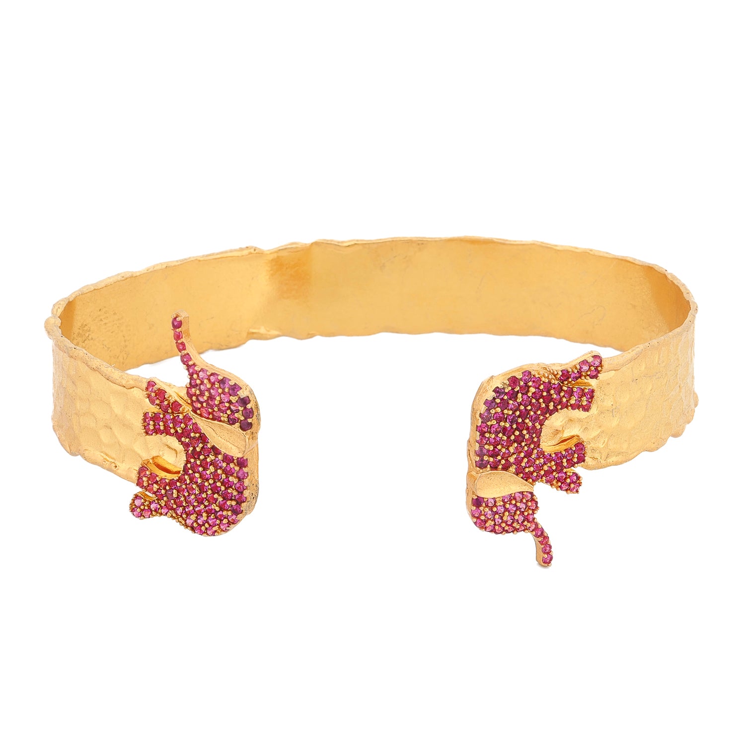 18K gold plated bronze adjustable cuff bracelet featuring two ruby-red crystal elephants symbolizing love, protection, and spiritual energy.