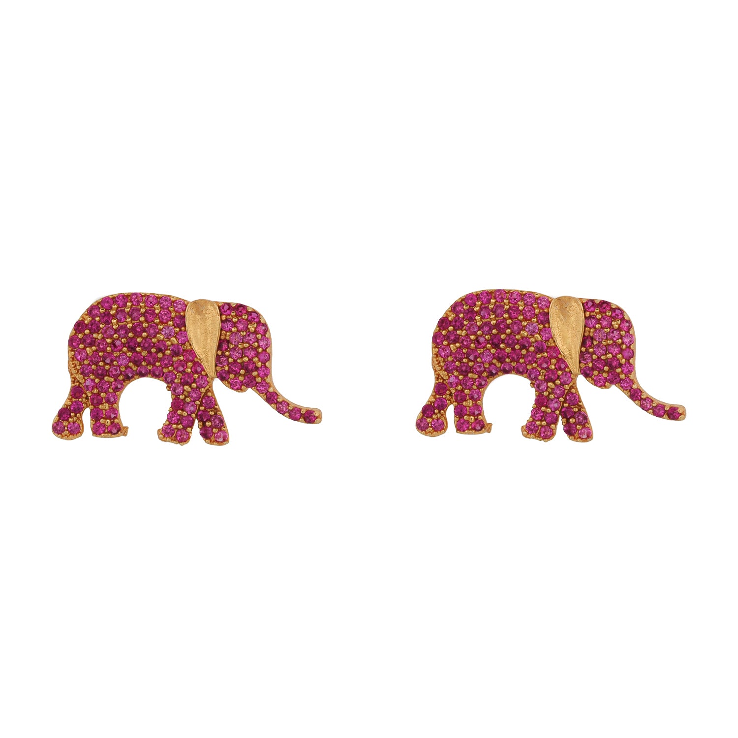 18K gold plated bronze ruby crystal elephant stud earrings, part of a matching Guardian Elephant bracelet and ring set, symbolizing love and protection.