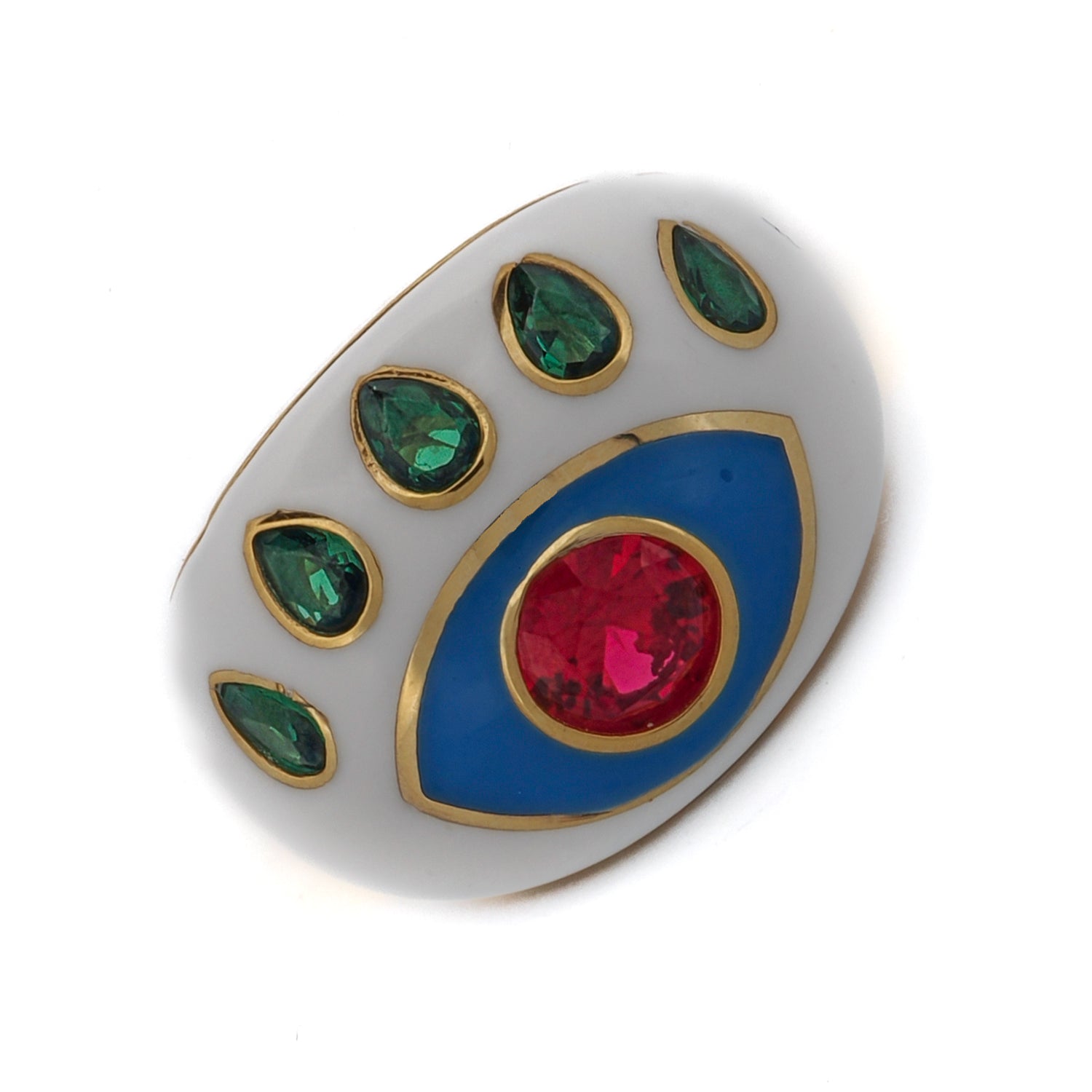 Modern Evil Eye ring featuring a ruby center, emerald accents, and a white enamel band with gold plating.
