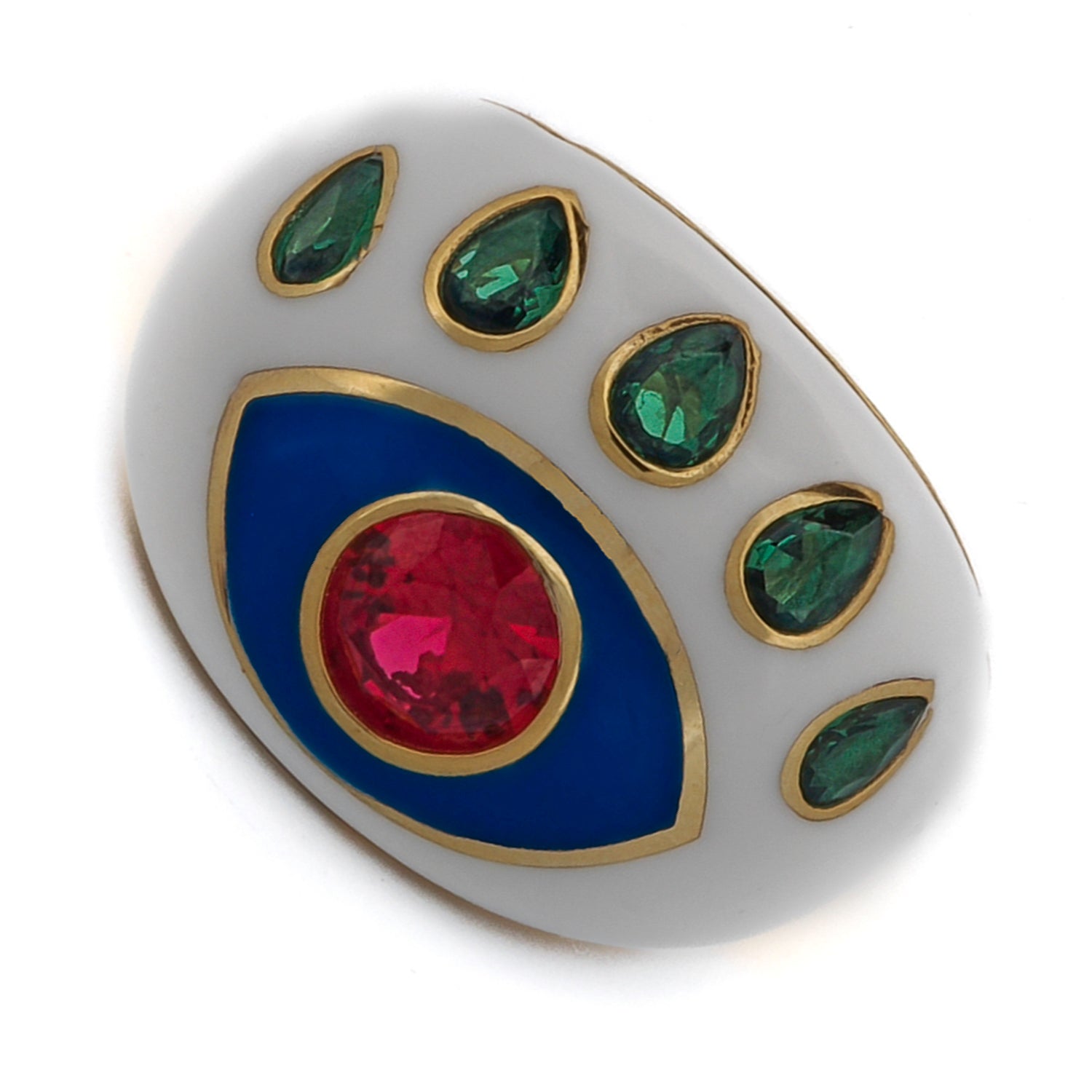 White enamel ring featuring a protective Evil Eye design with luxurious ruby and emerald stone details.
